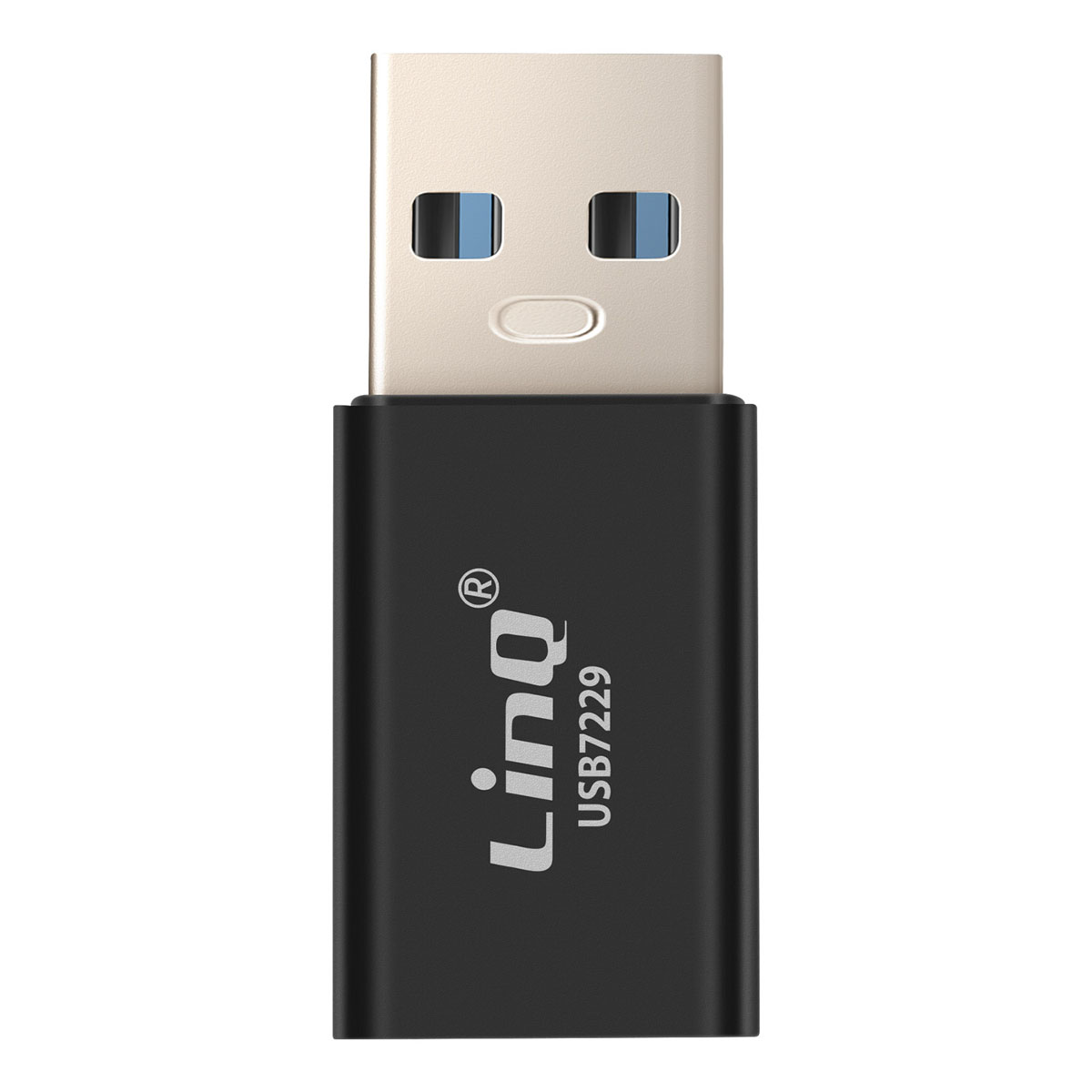 Una chiavetta USB nera e argento di Linq. Il connettore USB ha due porte blu e un corpo argentato. Il nome e il modello sono sul dispositivo.