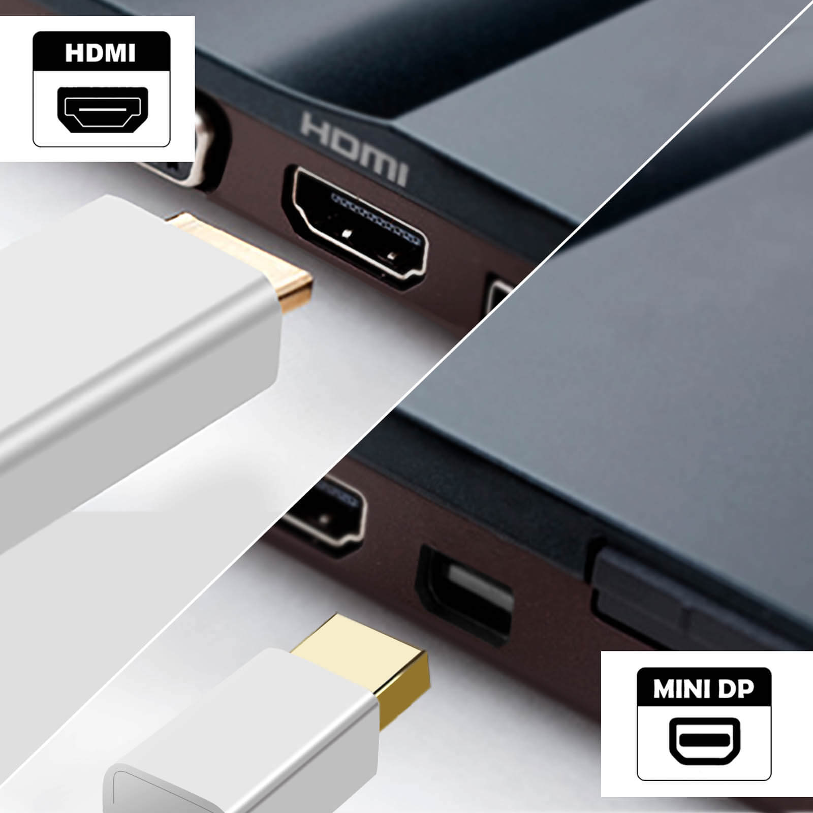 Un cavo HDMI e un cavo Mini DP sono mostrati. Sono visibili porte HDMI e Mini DP su un laptop.