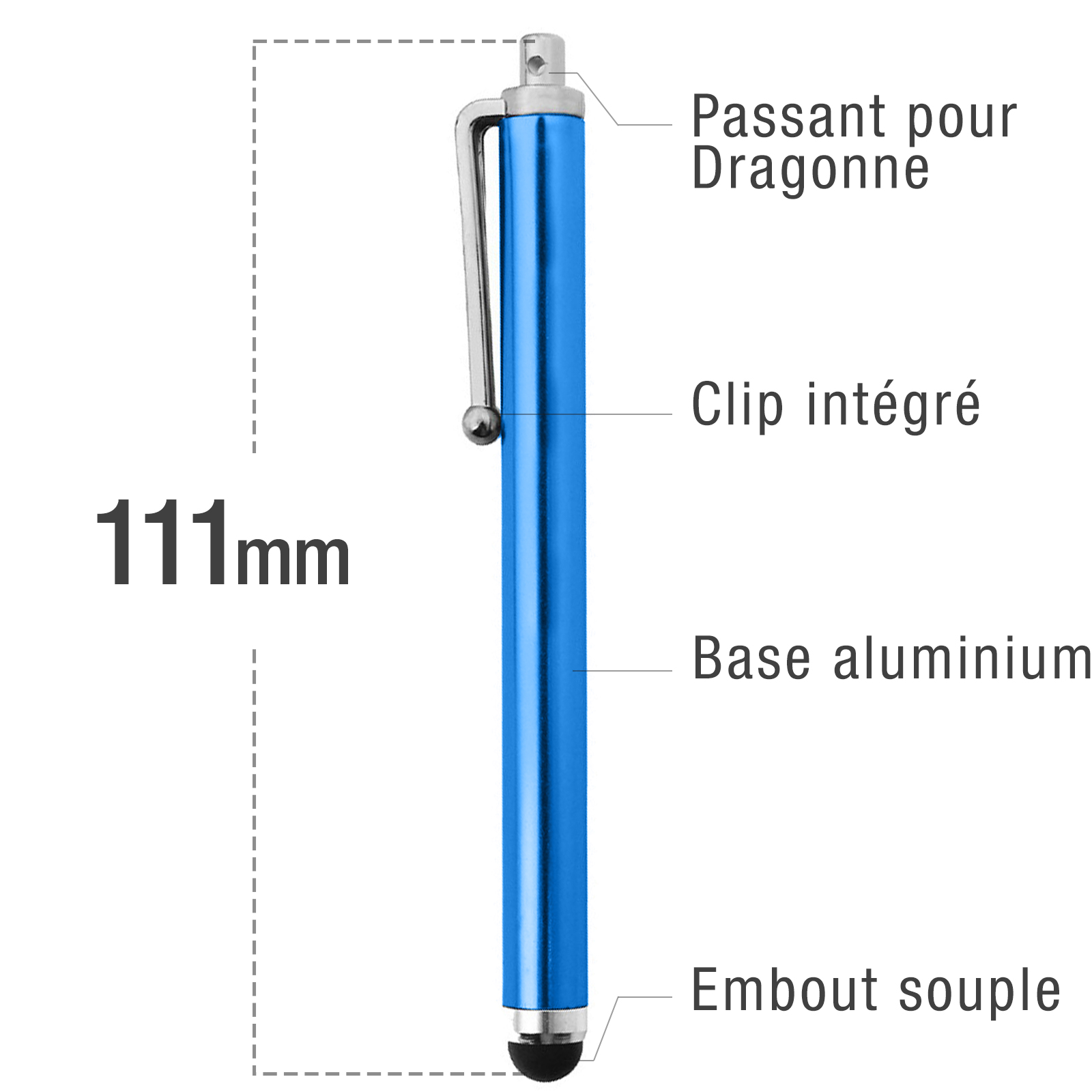 Una penna stilo blu con clip argentata, etichettata con dimensioni e descrizioni in francese.
