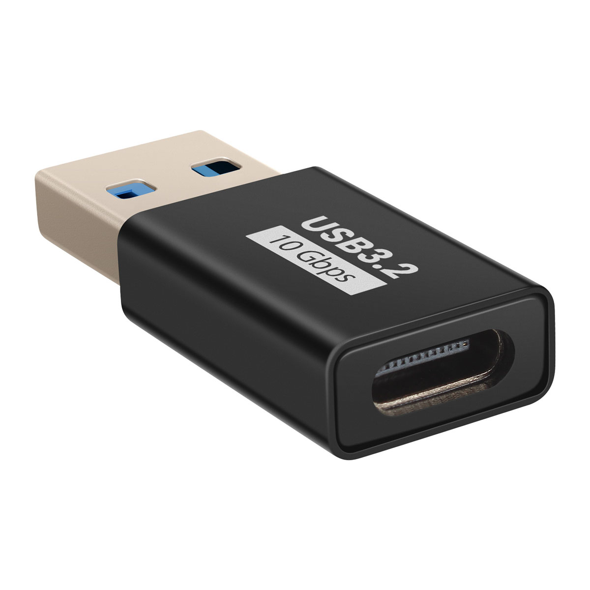 Un adattatore USB 3.2 con corpo nero, connettore USB-A argento-oro e porta USB-C. Il testo recita USB3.2 10 Gbps.