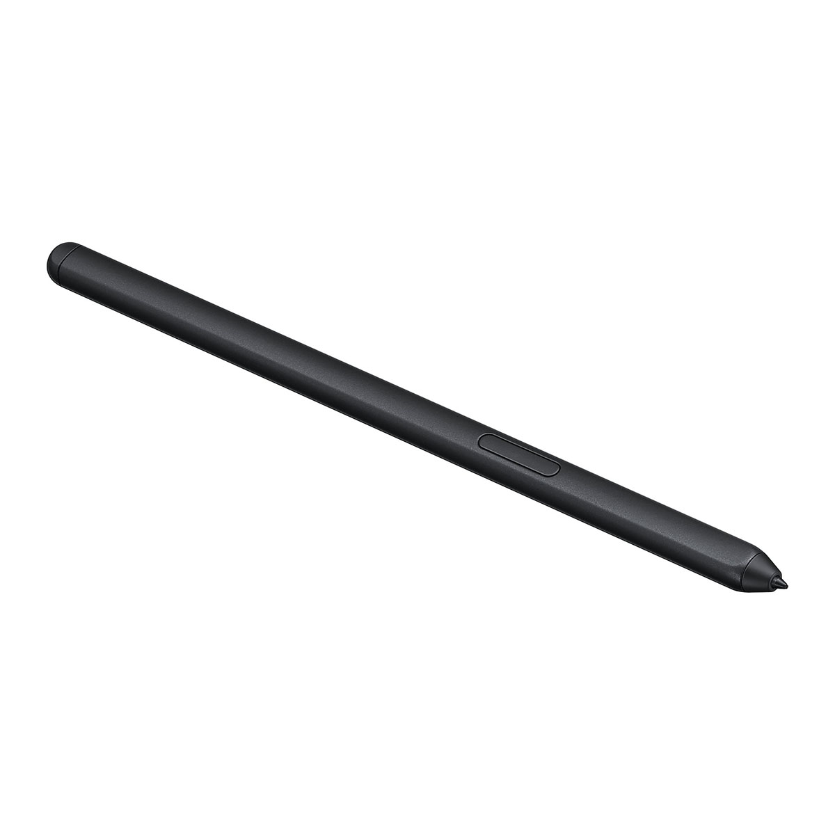 Una penna stilo nera giace diagonalmente su uno sfondo bianco. Ha un pulsante e una punta. La penna è elegante e moderna.