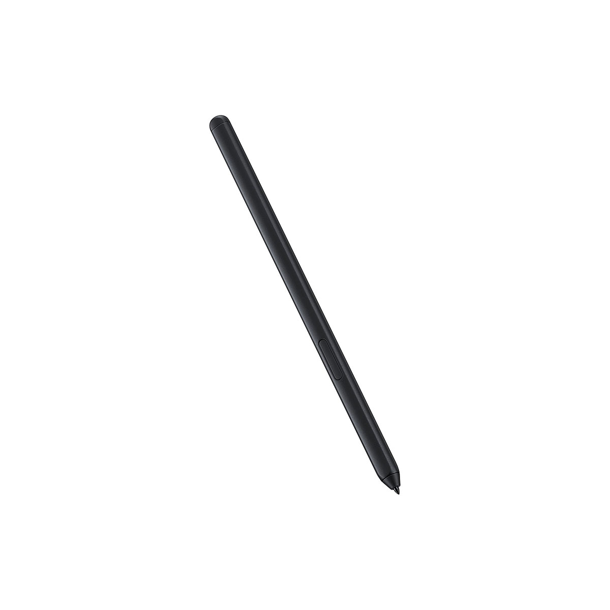 Una penna stilo nera è posizionata in diagonale su uno sfondo bianco. La penna ha un pulsante e una punta.