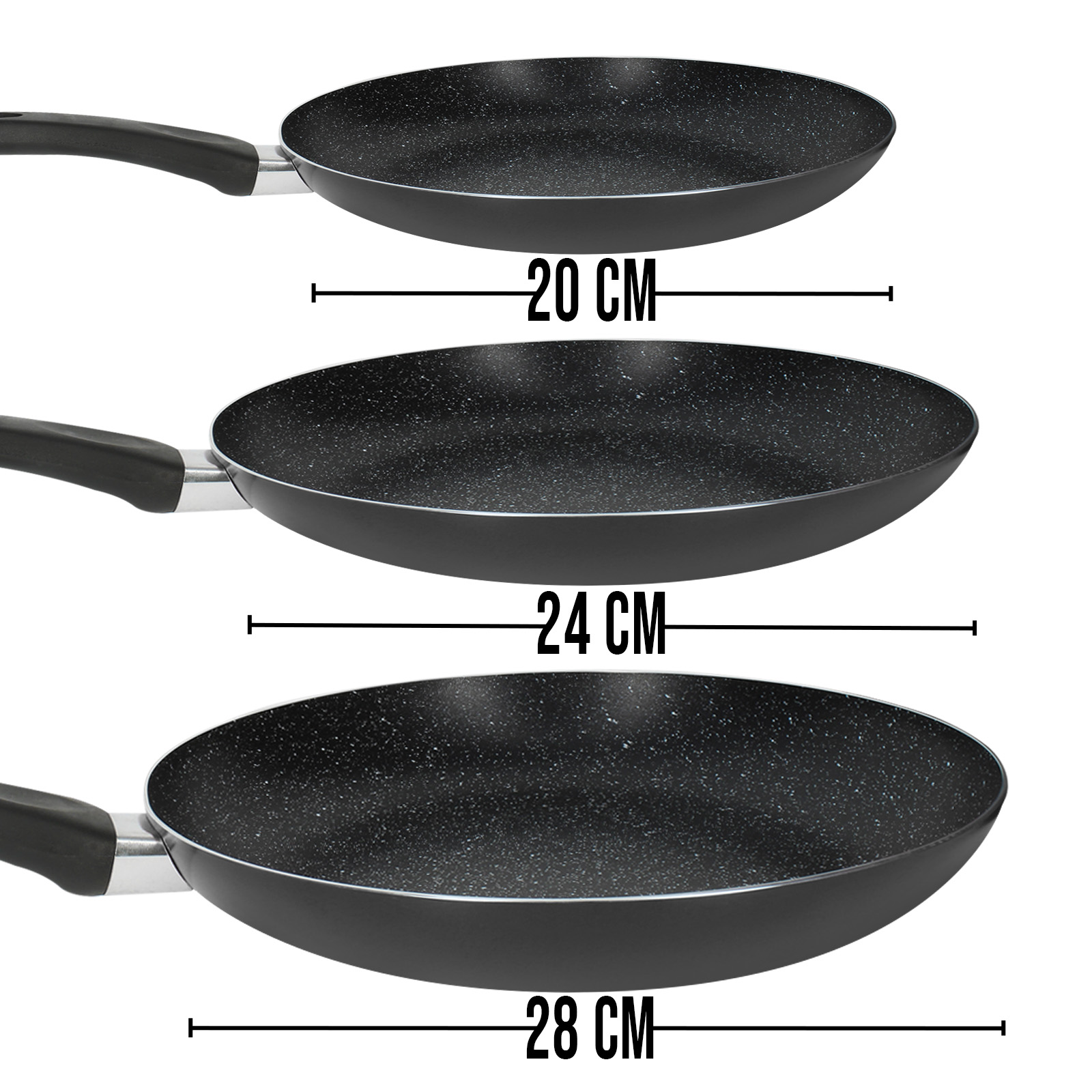 Drei Bratpfannen, Größen: 20cm, 24cm und 28cm. Jede hat einen schwarzen Griff und ein schwarz gesprenkeltes Inneres.