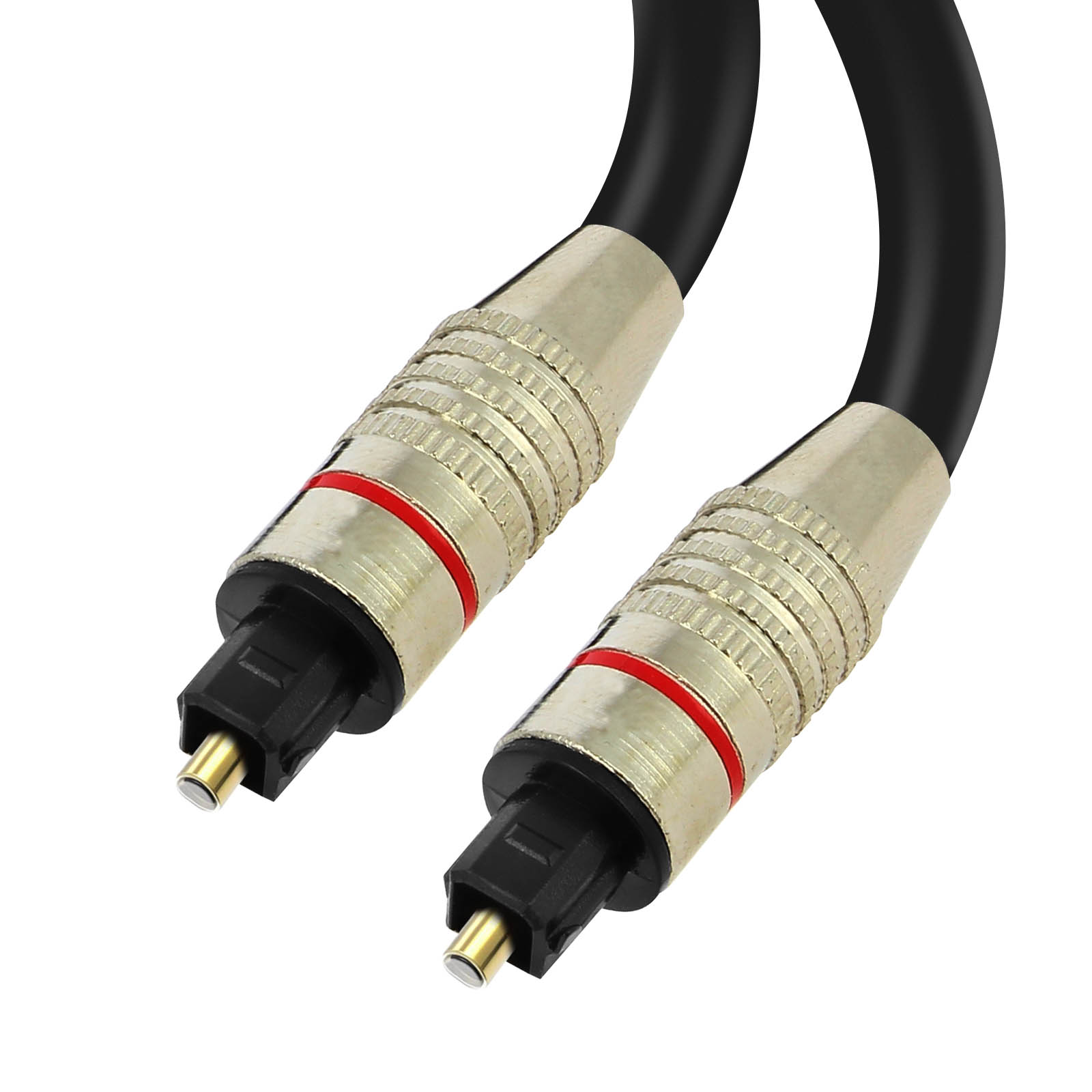 Zwei optische Audiokabel. Jedes hat ein schwarzes Kabel mit silbernen Steckern, einem roten Ring und einer goldenen Spitze.