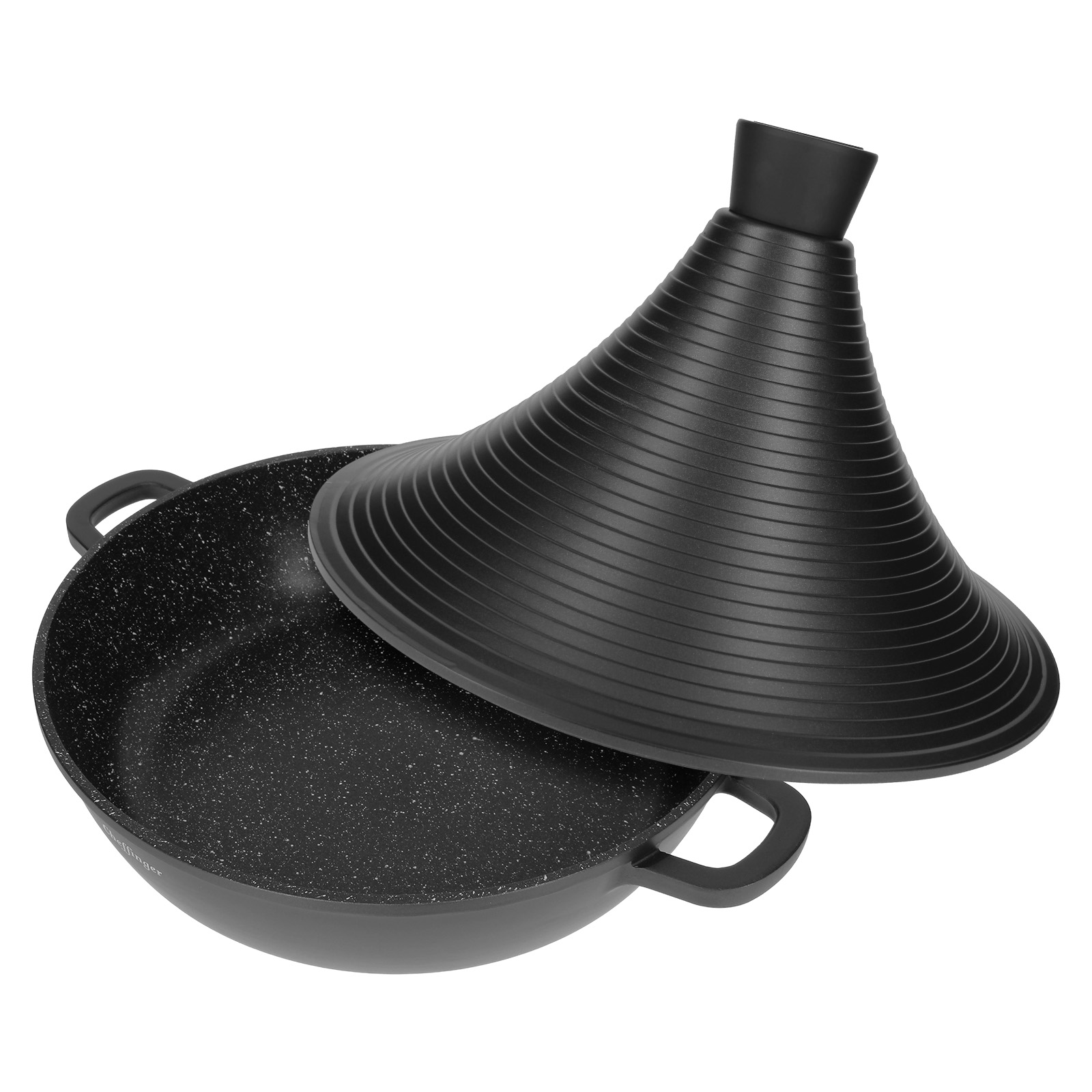 Una olla de tagine negra con tapa cónica está abierta. La olla tiene interior moteado y asas. La tapa es acanalada.