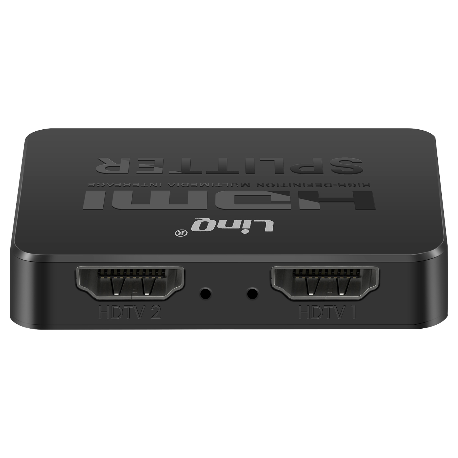 Uno splitter HDMI nero con due porte contrassegnate HDTV 1 e 2. Il marchio Lino è visibile.