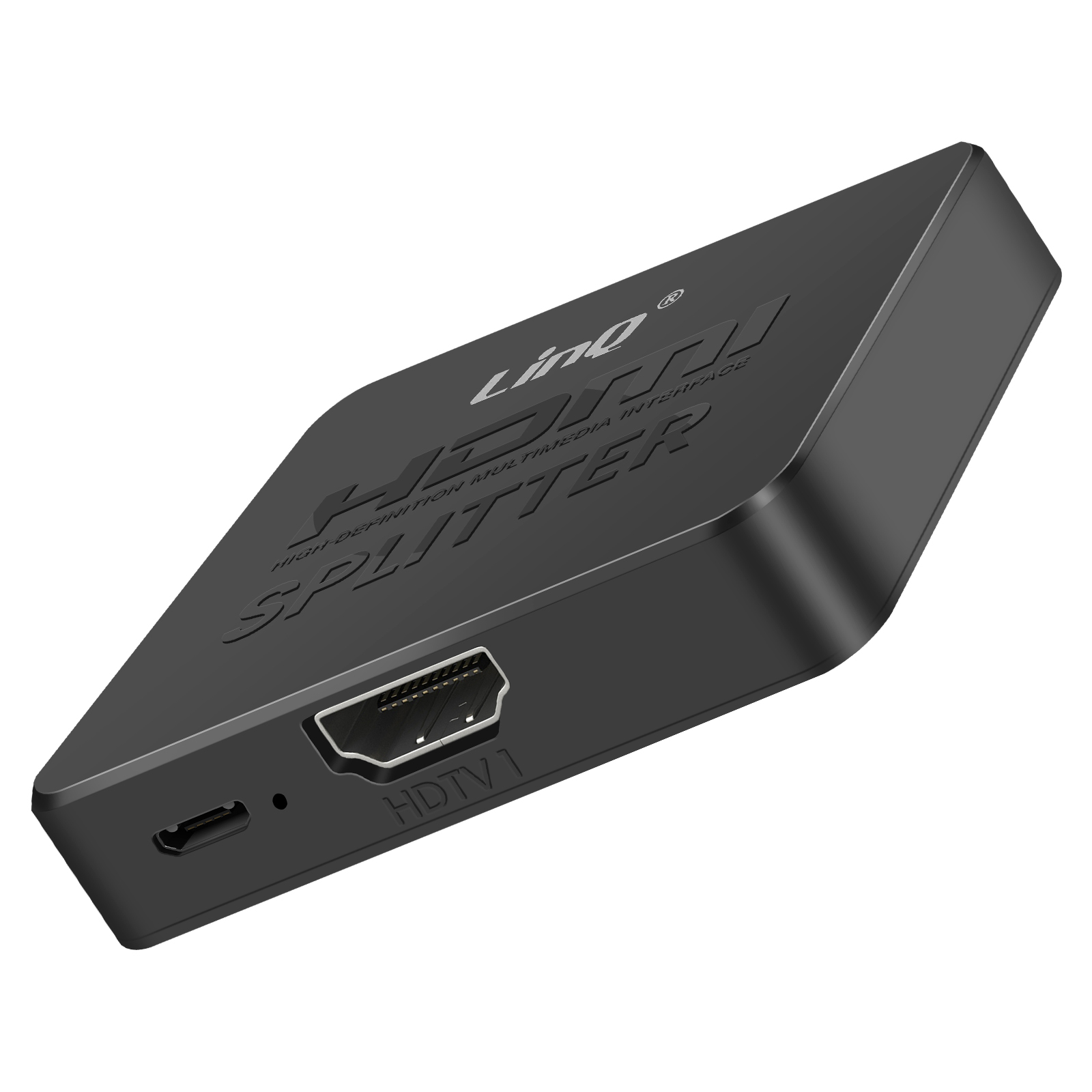 Uno splitter HDMI nero con marchio Linq. Ha una porta HDTV1 e una porta micro USB.