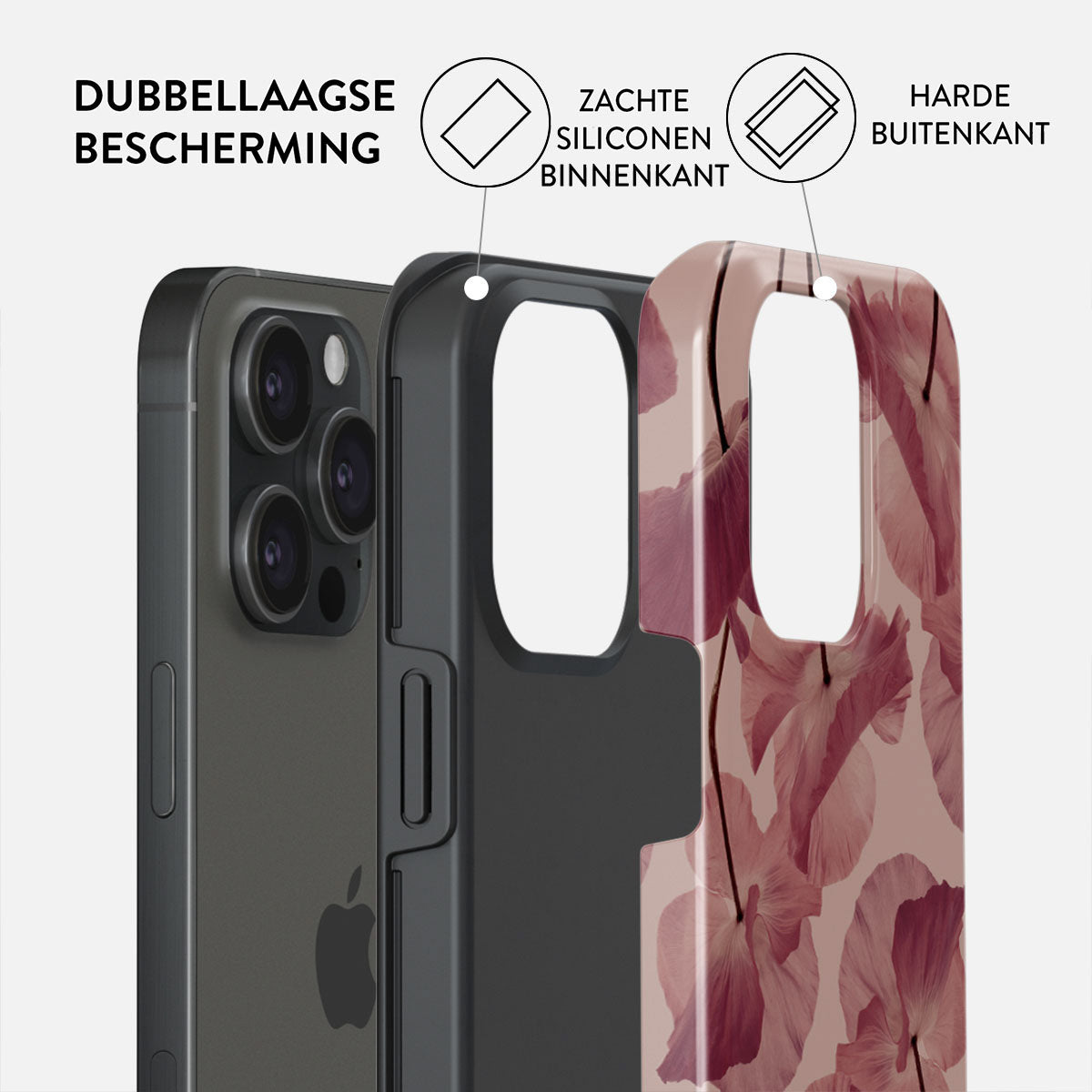 Coque de téléphone à double couche de protection. Intérieur en silicone souple et extérieur dur. Motif floral à l'arrière.
