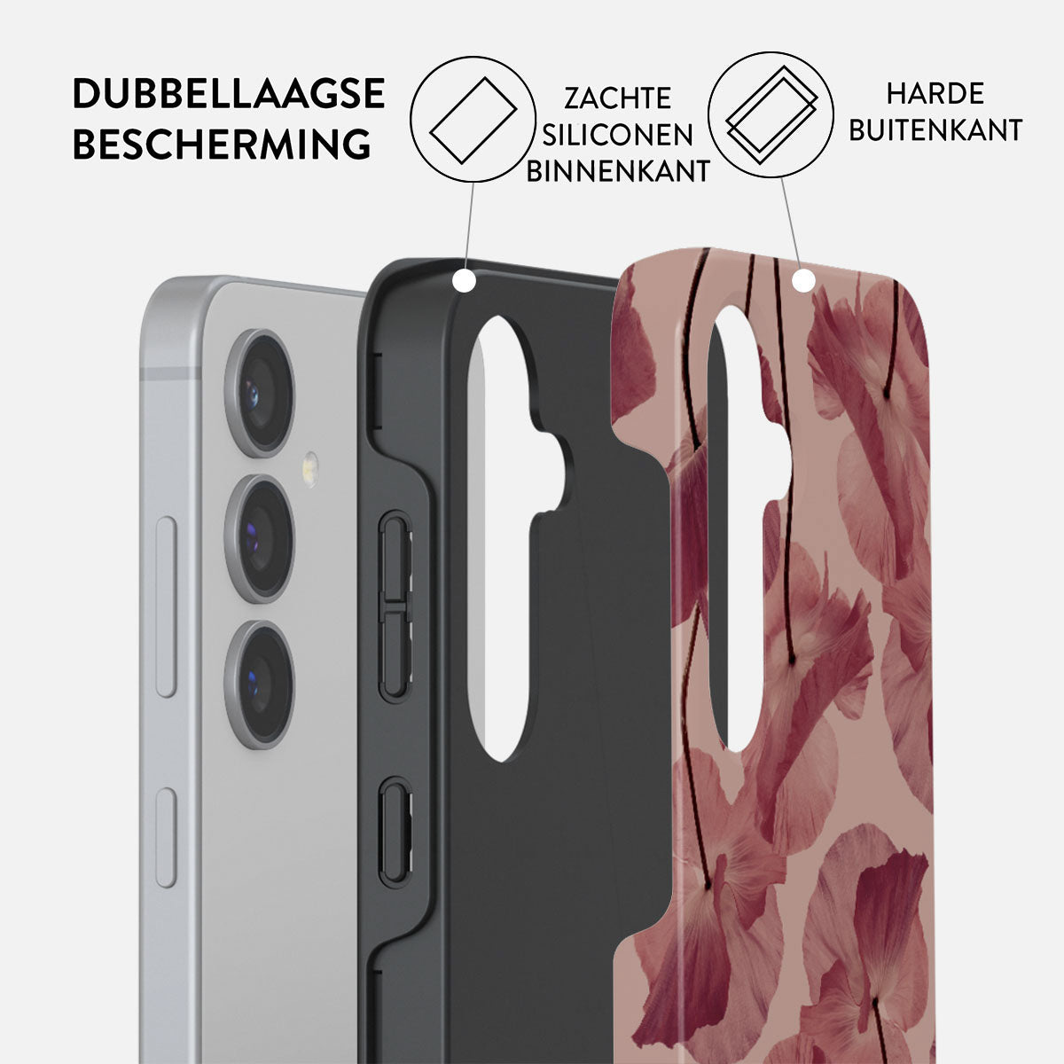 Een telefoon en een beschermhoes worden getoond, met dubbellaagse bescherming. De hoes heeft een bloemenontwerp.