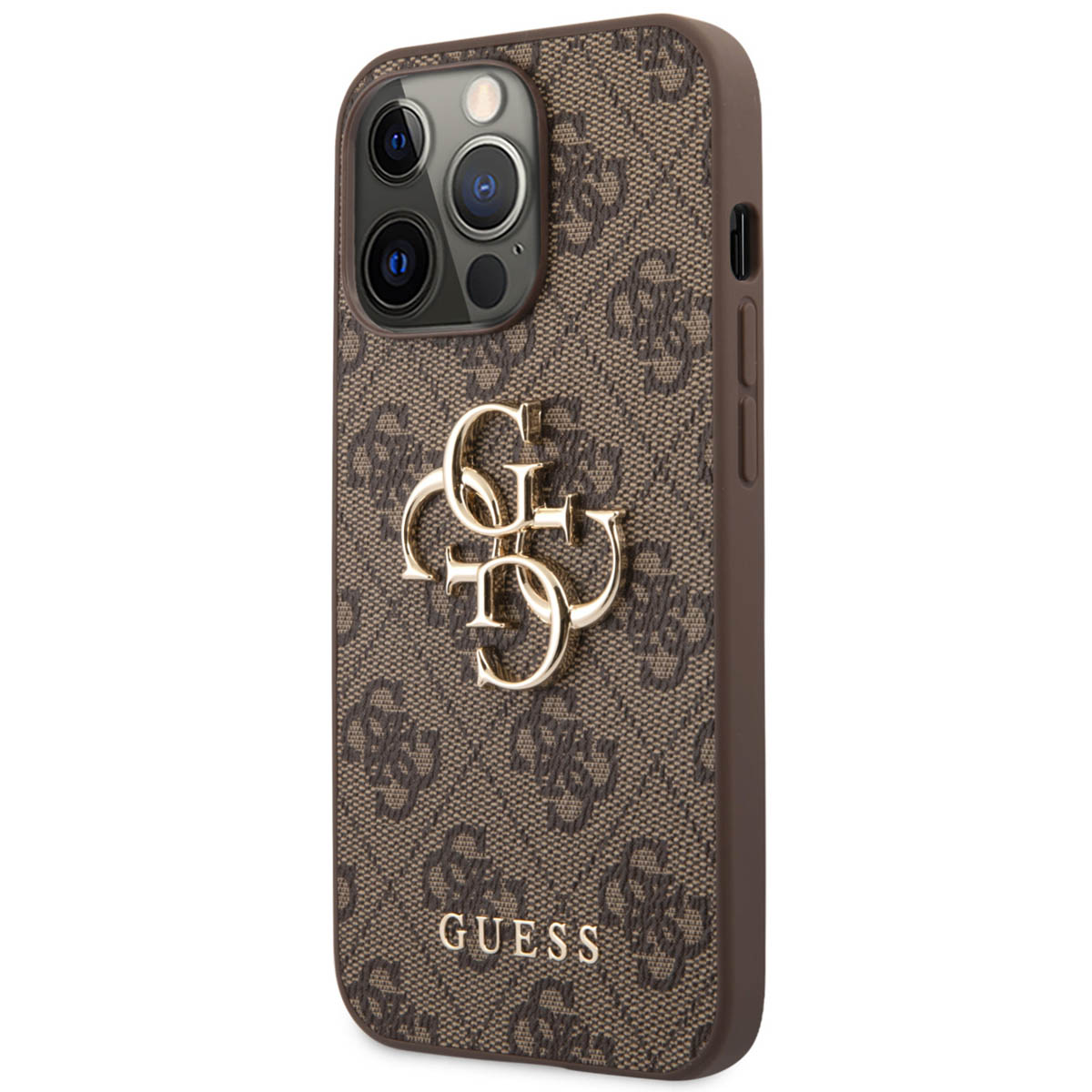 Custodia per telefono Guess marrone con logo. Logo Guess dorato sul davanti. Fotocamera del telefono visibile in alto.