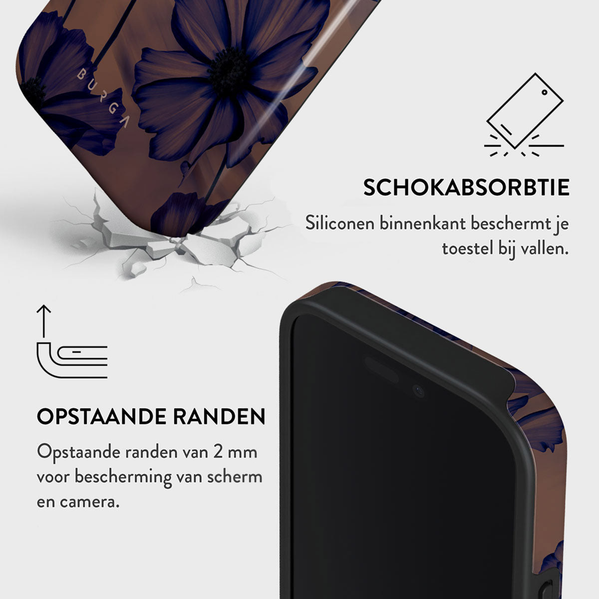 Een telefoonhoesje met bloemenpatroon valt, met beschermingsfuncties. Zwarte telefoon met opstaande randen, en tekst die ze beschrijft.