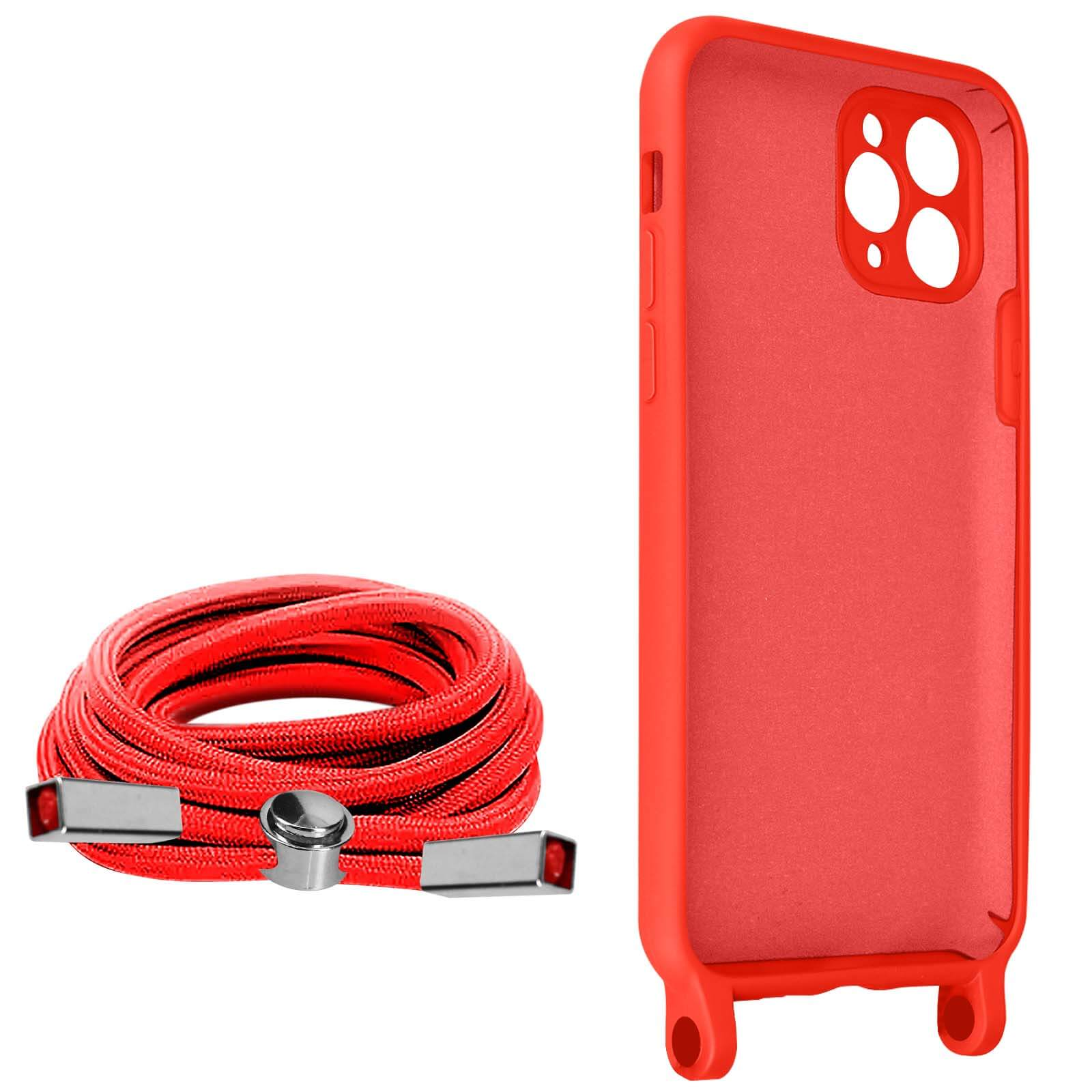 Coque de téléphone et cordon rouges. Coque à droite. Cordon enroulé à gauche, avec accessoires argentés.