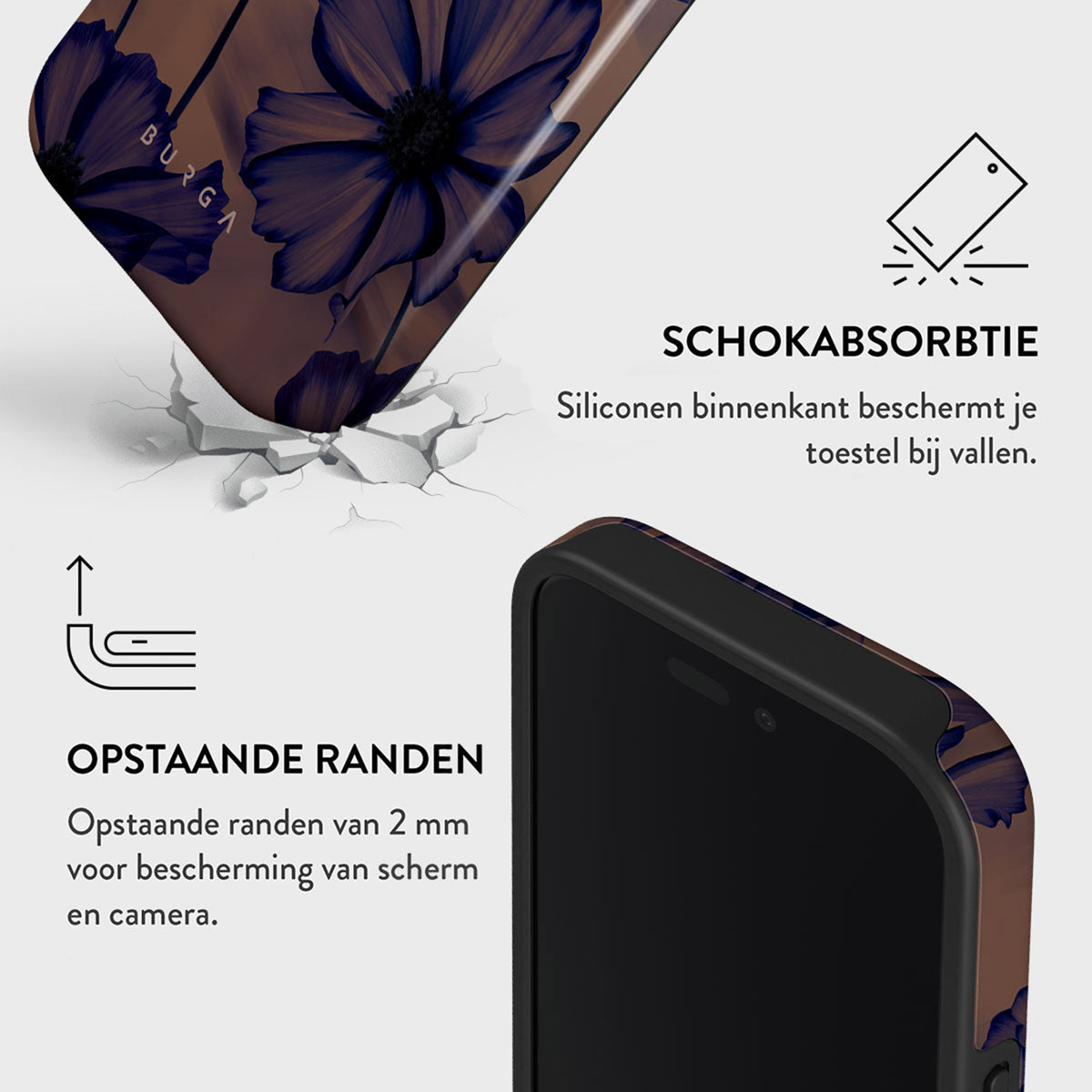 Custodia per telefono con design floreale, telefono nero, testo sull'assorbimento degli urti e bordi rialzati per la protezione dello schermo.