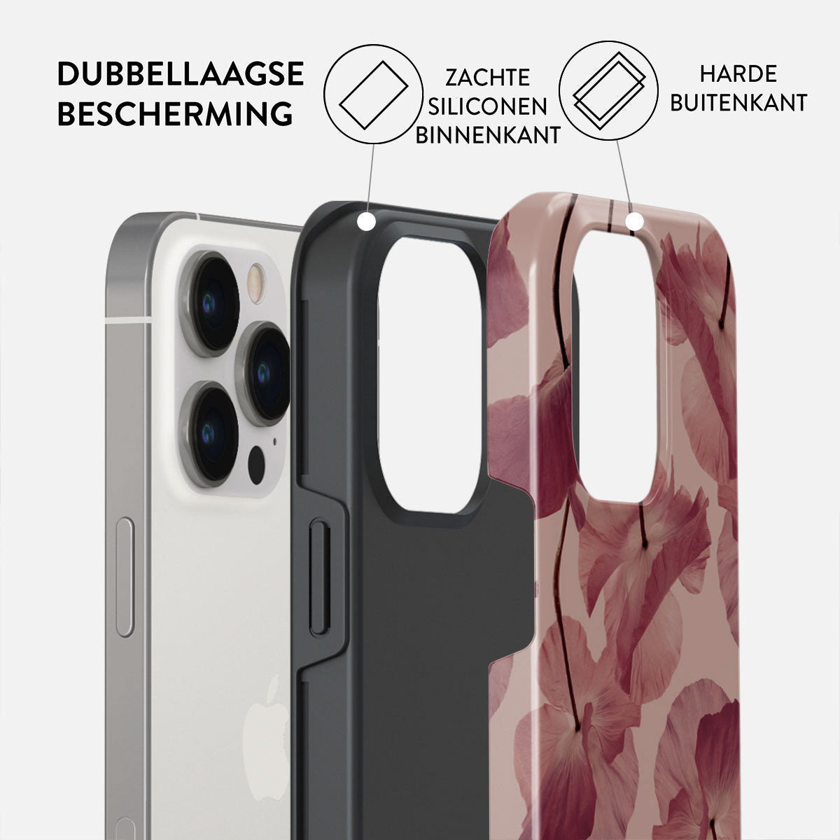 Telefoonhoesje met bloemenpatroon, met lagen: telefoon, zwarte siliconen en harde buitenschaal met patroon. Tekst labelt de lagen.