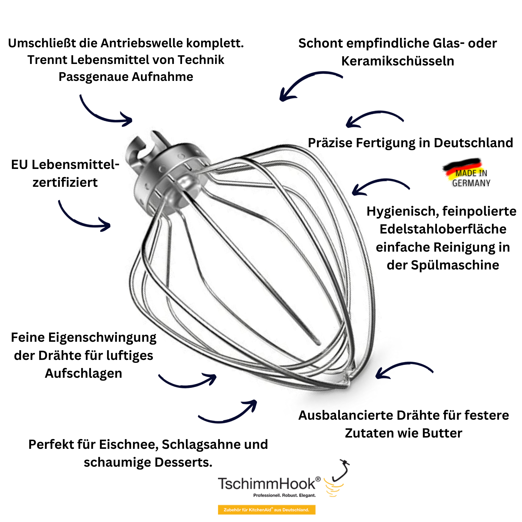Ein Schneebesen aus Edelstahl mit deutschem Text. Es ist für den Küchengebrauch und hergestellt in Deutschland.