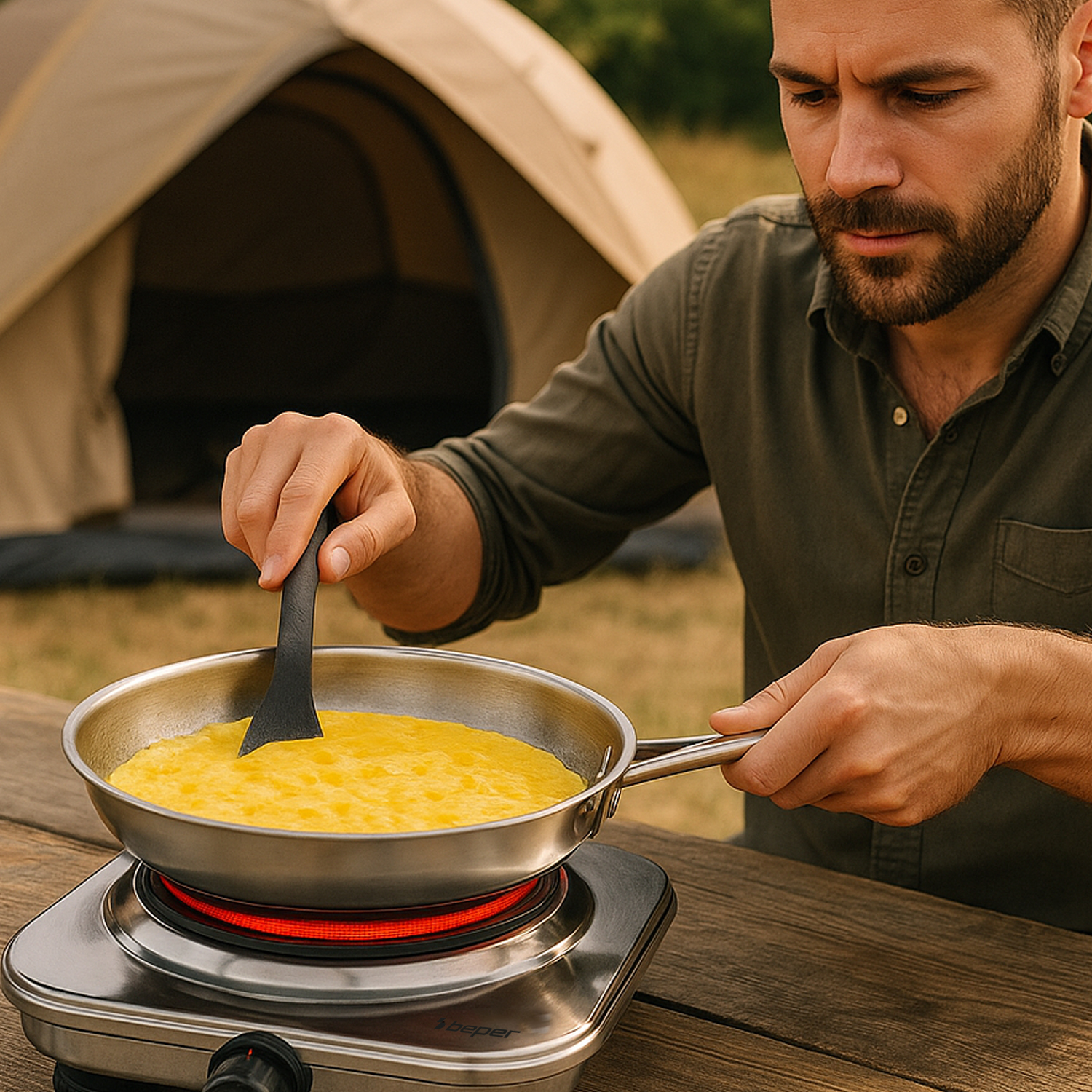 Un uomo cucina uova in una padella su un fornello portatile all'aperto. Una tenda è sullo sfondo. Usa una spatola.