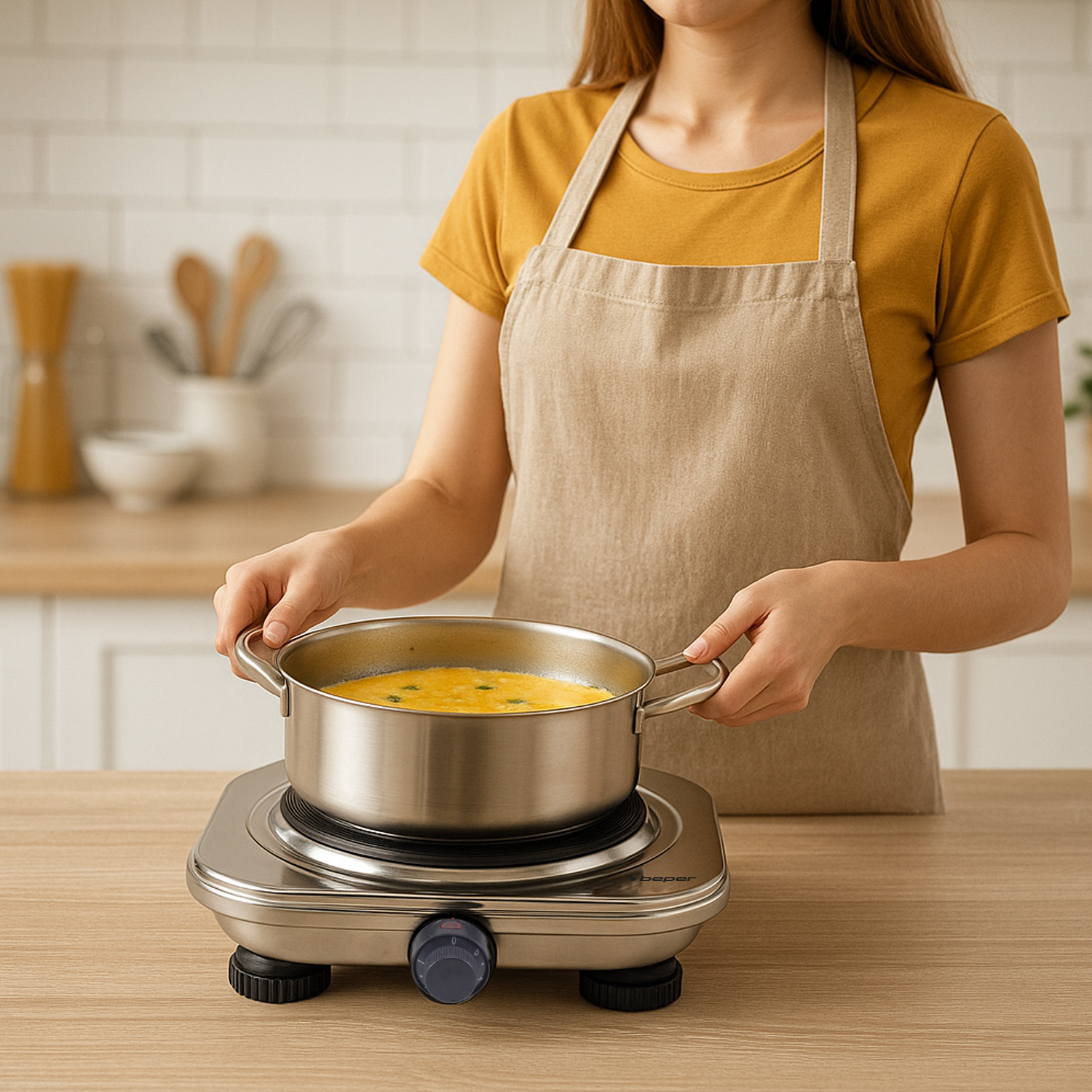 Una donna con un grembiule tiene una pentola con liquido giallo su un fornello. Ambiente cucina con piano di lavoro in legno e parete piastrellata bianca.
