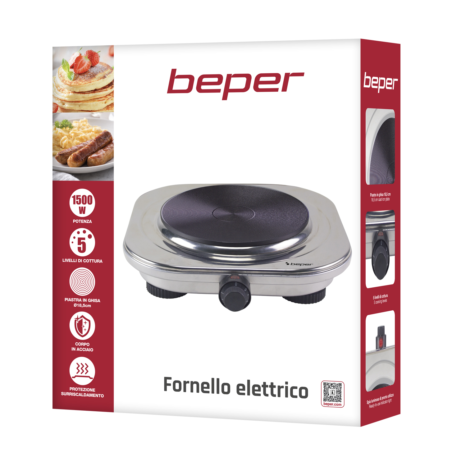 Un fornello elettrico con elemento riscaldante nero, cornice argentata e marchio 'beper'. La scatola mostra immagini di cibo.