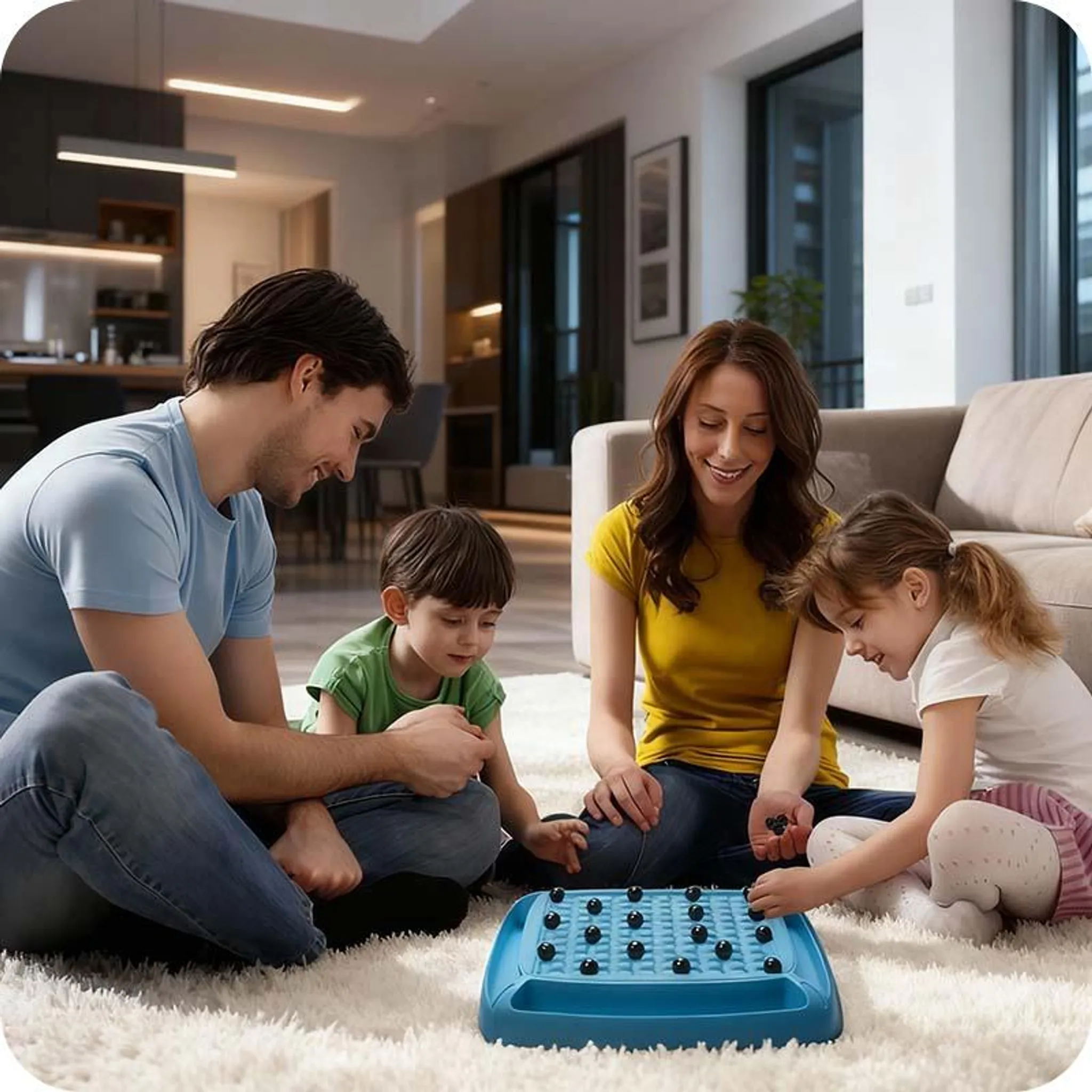 Familie spielt ein Brettspiel auf einem weißen Teppich. Blaues Spielbrett mit schwarzen Kugeln. Menschen lächeln.