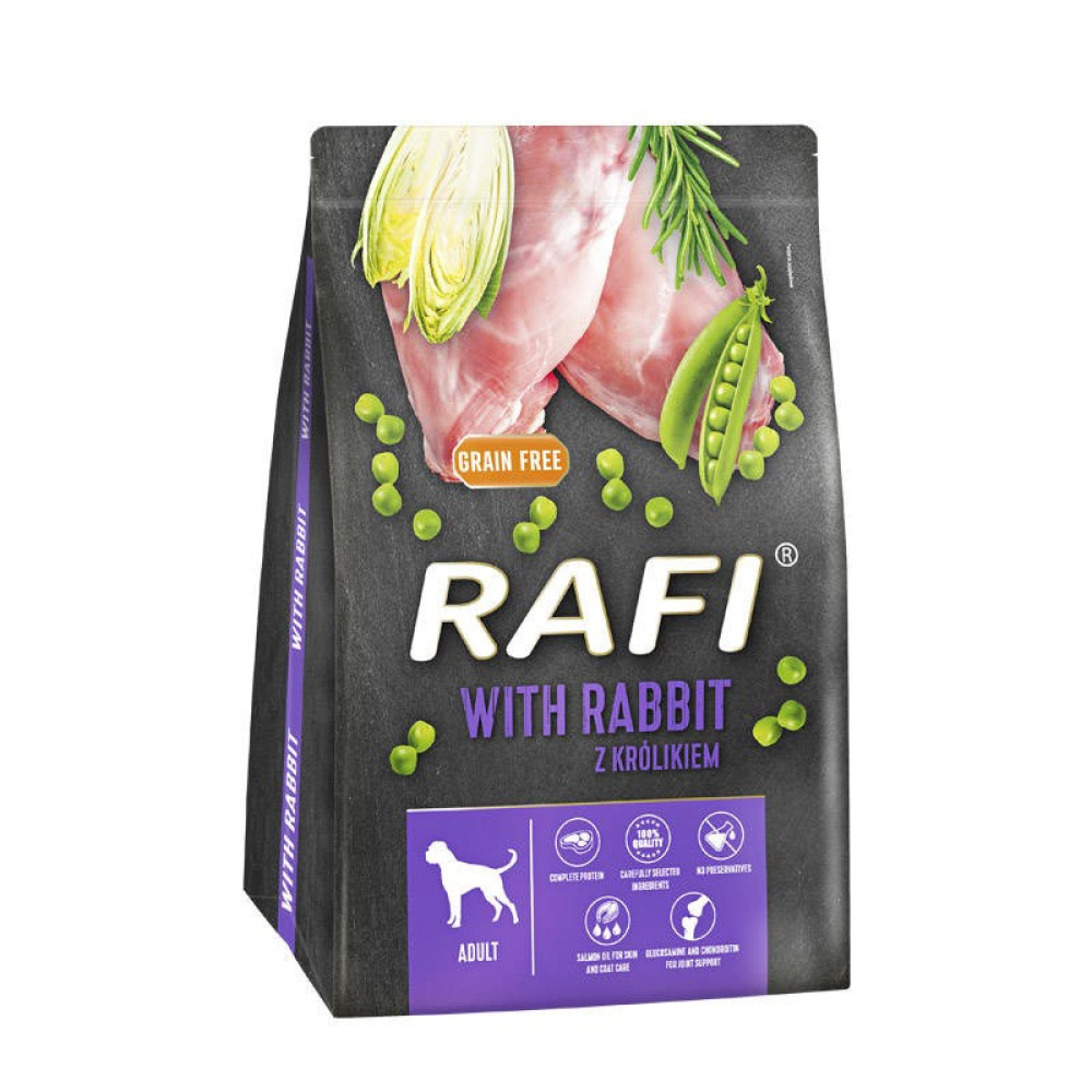Torba karmy dla psów z królikiem, groszkiem i kapustą. Tekst: 'Rafi with rabbit', 'bez zbóż' i 'adult'.