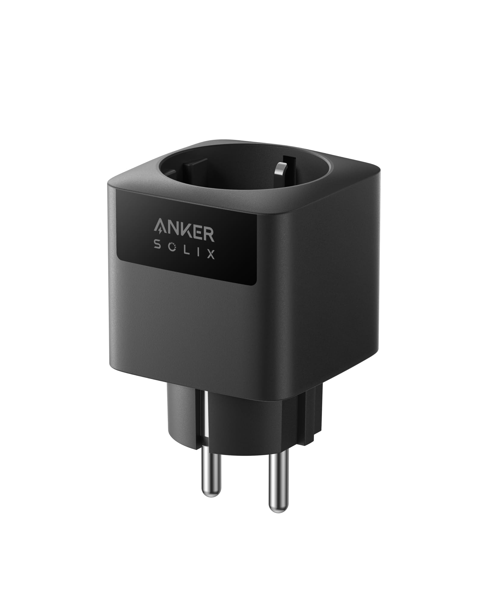 Schwarzer Anker Solix-Netzadapter mit zwei silbernen Stiften. Der Adapter hat eine quadratische Form mit runder Steckdose.