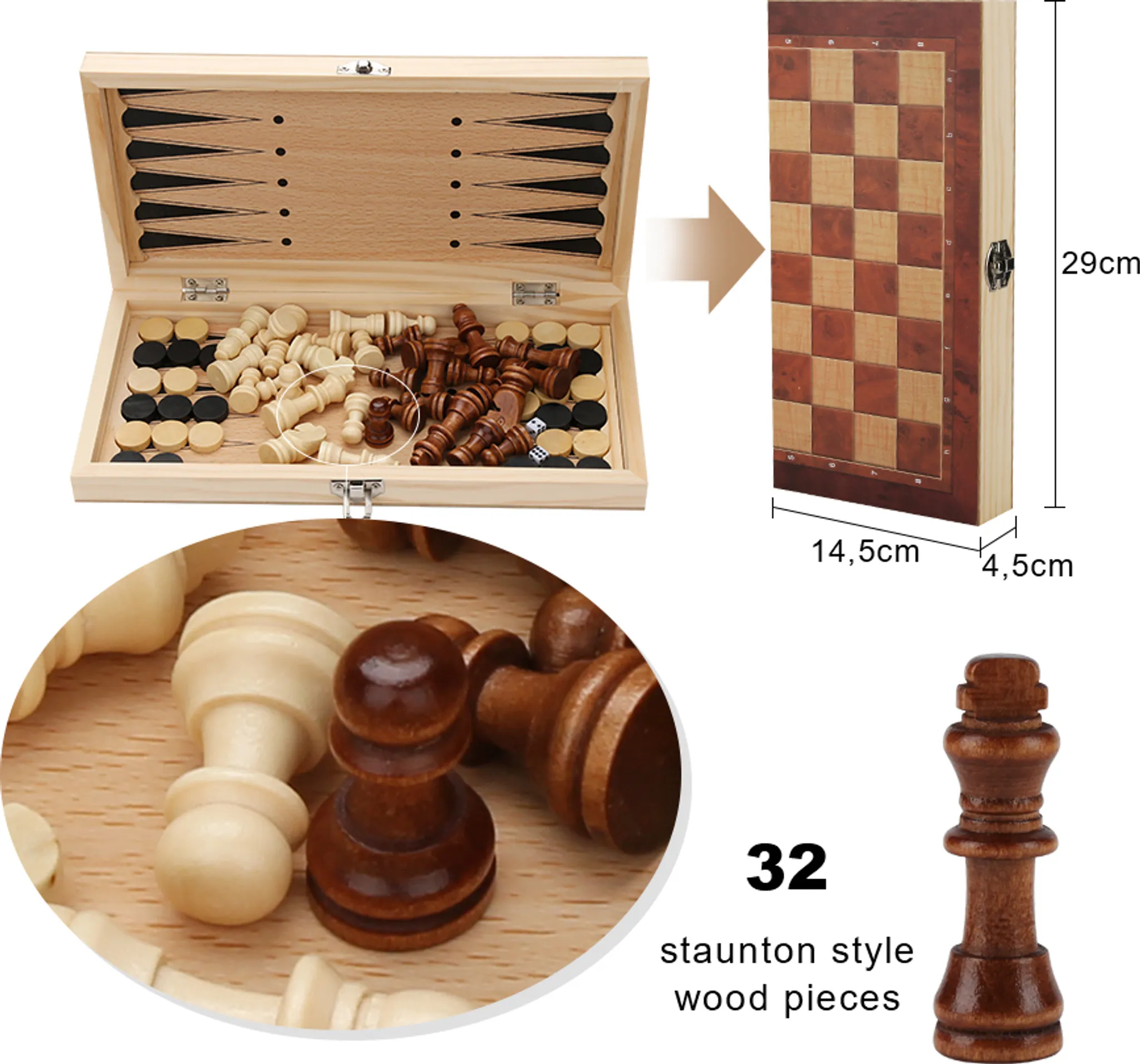 Ein hölzernes Backgammon- und Schachset. Das Schachbrett ist 14,5 cm x 4,5 cm x 29 cm groß. 32 Schachfiguren im Staunton-Stil sind enthalten.