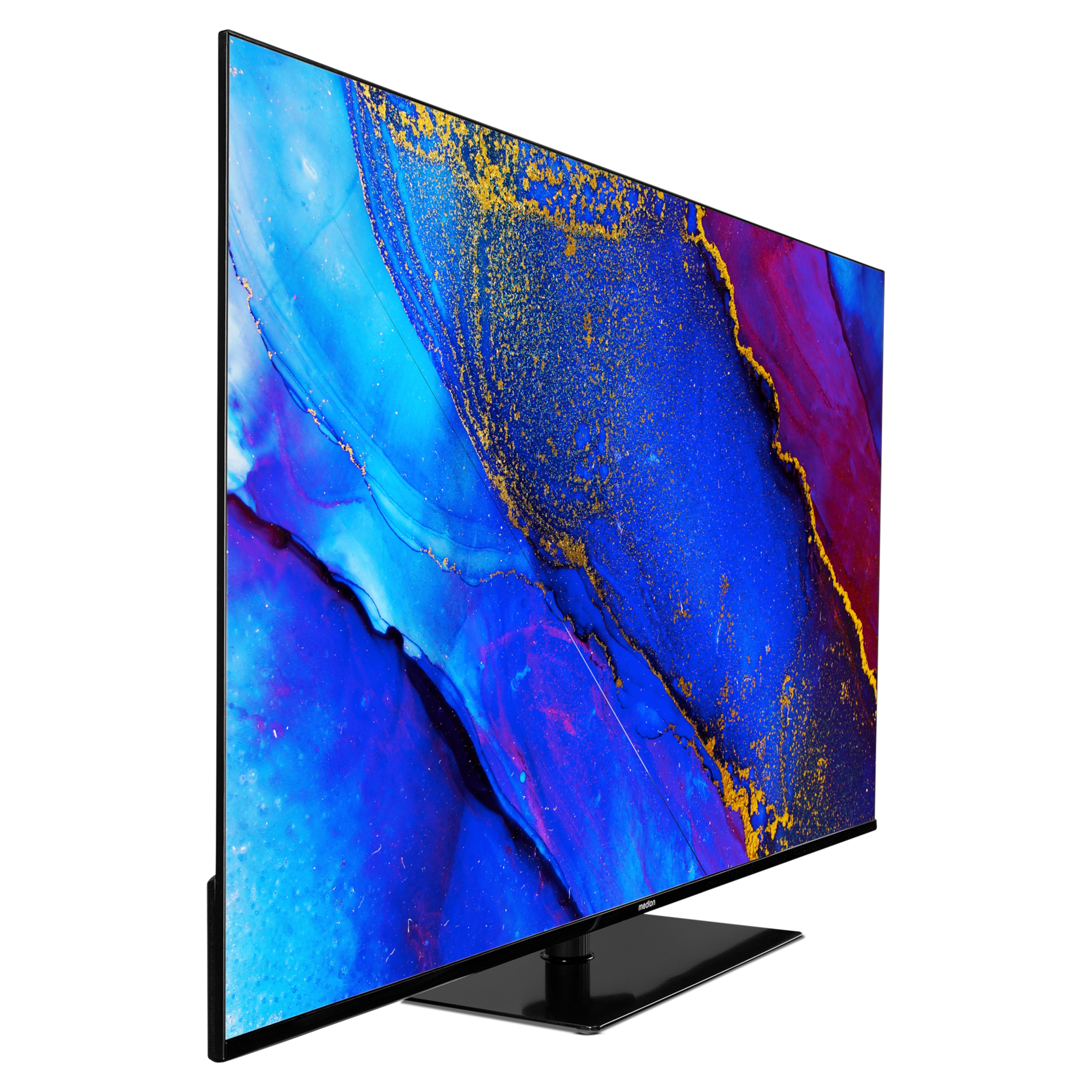 Een grote tv met een levendig display van blauw, paars en goud. Het heeft een zwart frame en standaard.