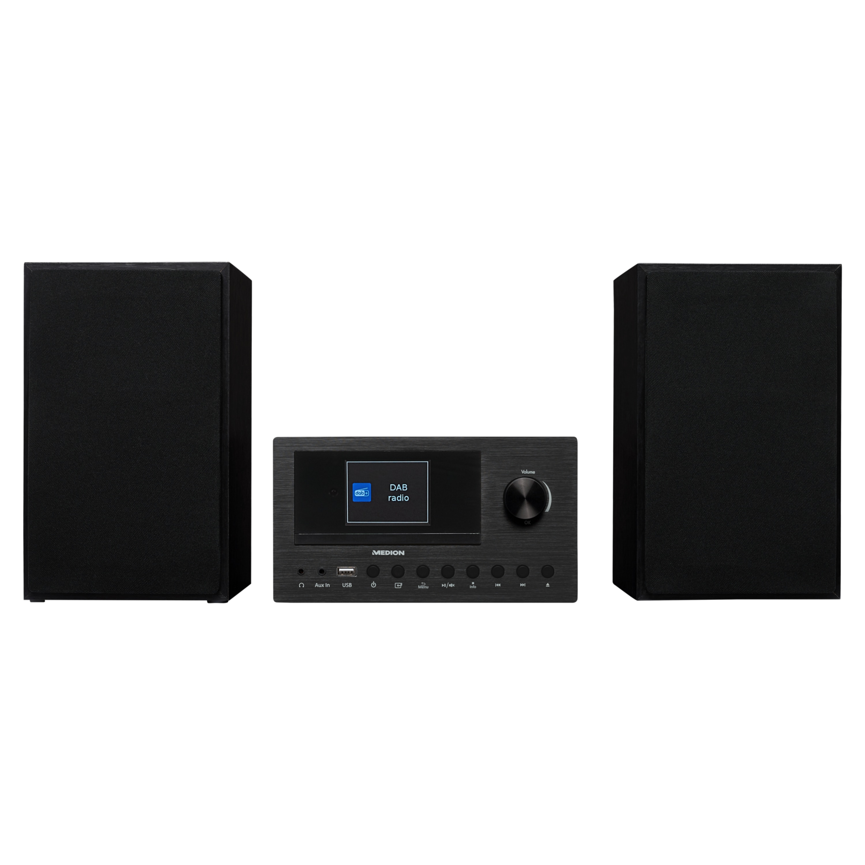 Un equipo estéreo con dos altavoces negros que flanquean una unidad central, que muestra una interfaz de radio DAB.