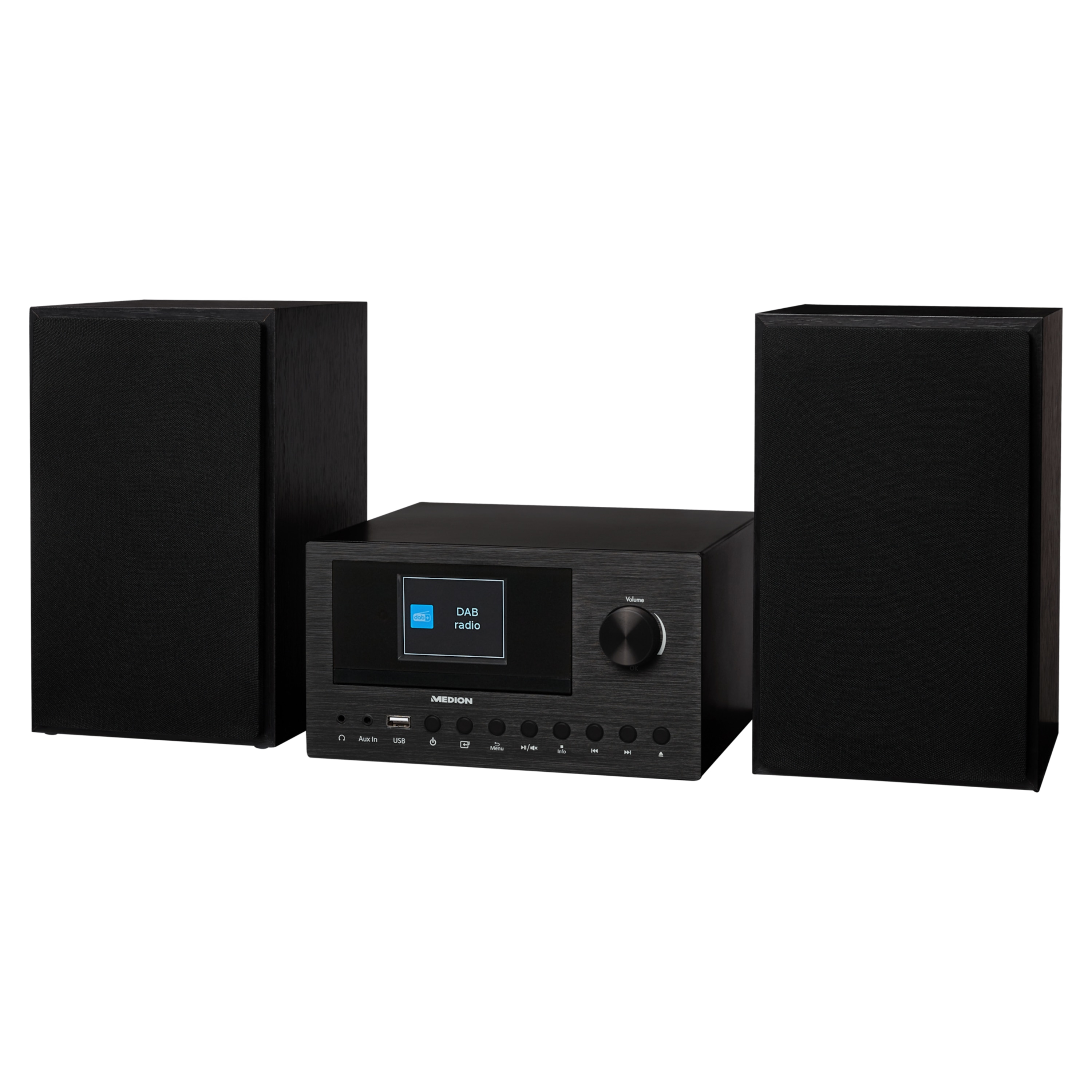 Sistema estéreo negro con altavoces a ambos lados. Tiene pantalla y botones para operar.