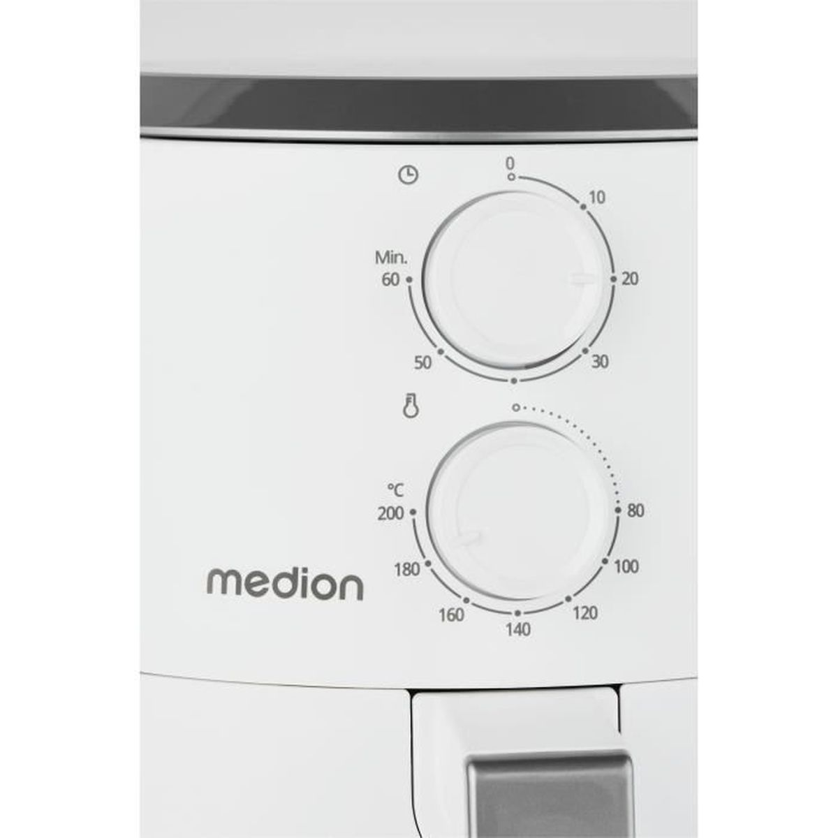 Een wit bedieningspaneel van een heteluchtfriteuse met twee draaiknoppen voor tijd en temperatuur, en het 'medion'-logo.