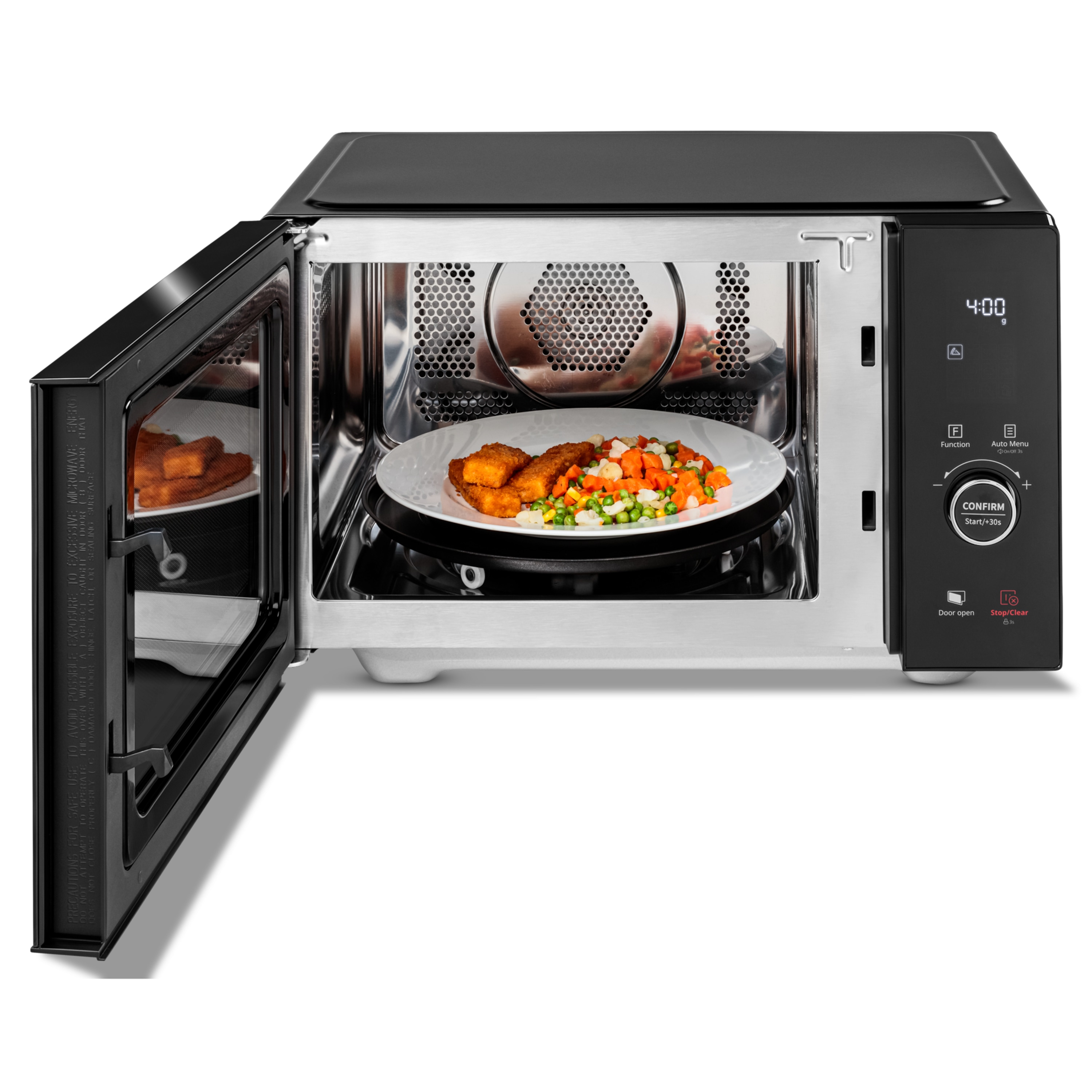 Offene Mikrowelle mit Essen. Die Tür ist offen, zeigt einen Teller mit Essen. Die Uhrzeit ist 4:00.