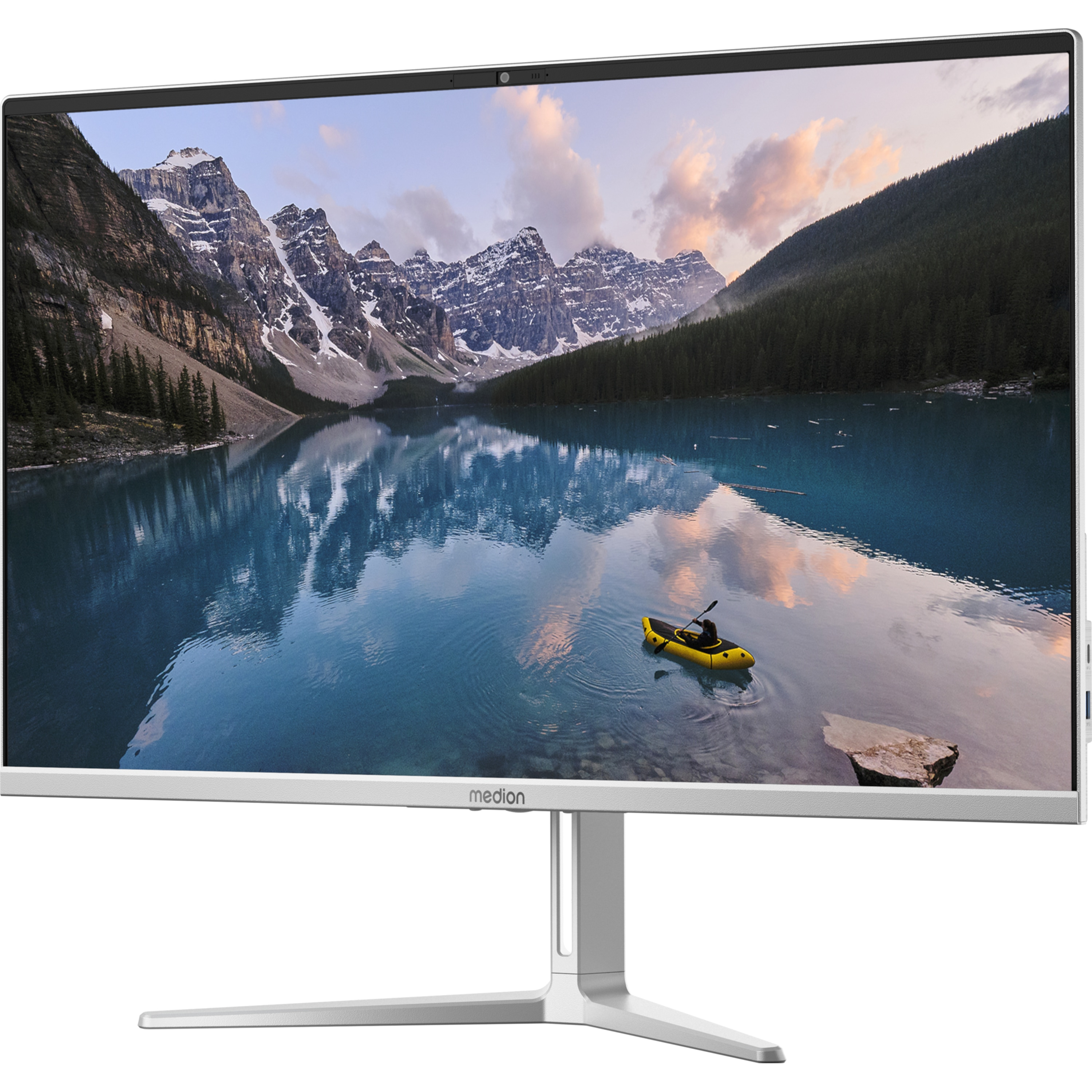 Ein Computermonitor zeigt eine Szene mit See, Bergen und einem gelben Kajak. Der Monitor ist silberfarben und hat einen Ständer.