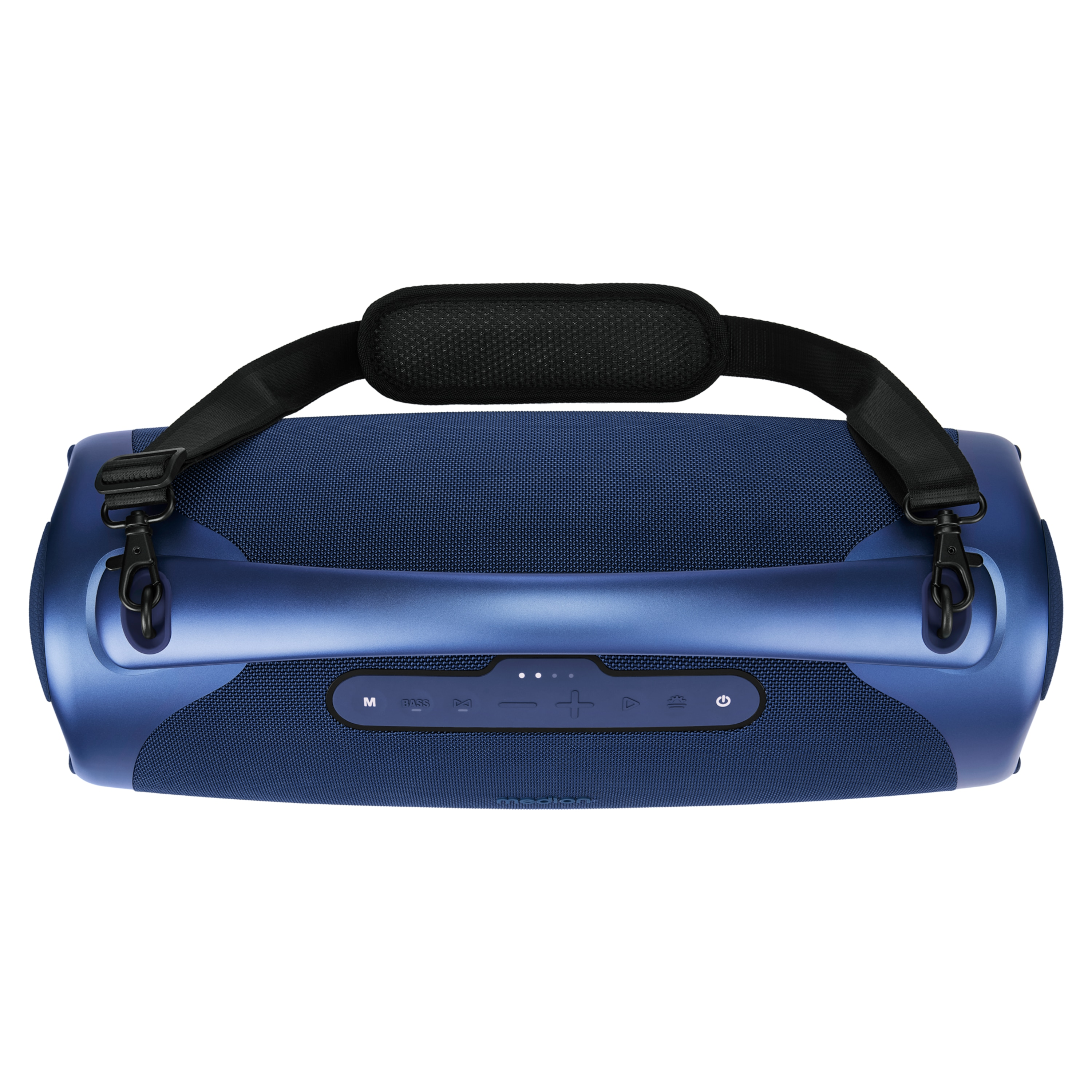 Blauwe draagbare luidspreker met zwarte riem, knoppen en een gaas luidsprekercover.