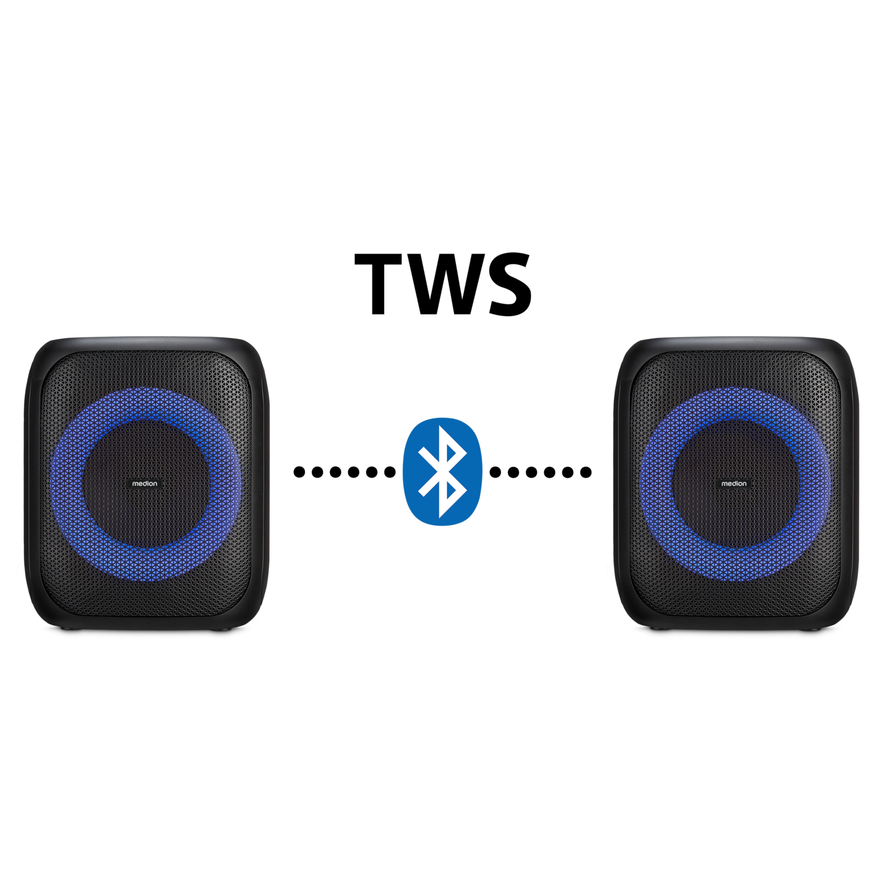 Twee zwarte luidsprekers met blauwe lichtringen, verbonden door Bluetooth-symbool, witte achtergrond, TWS-tekst erboven.