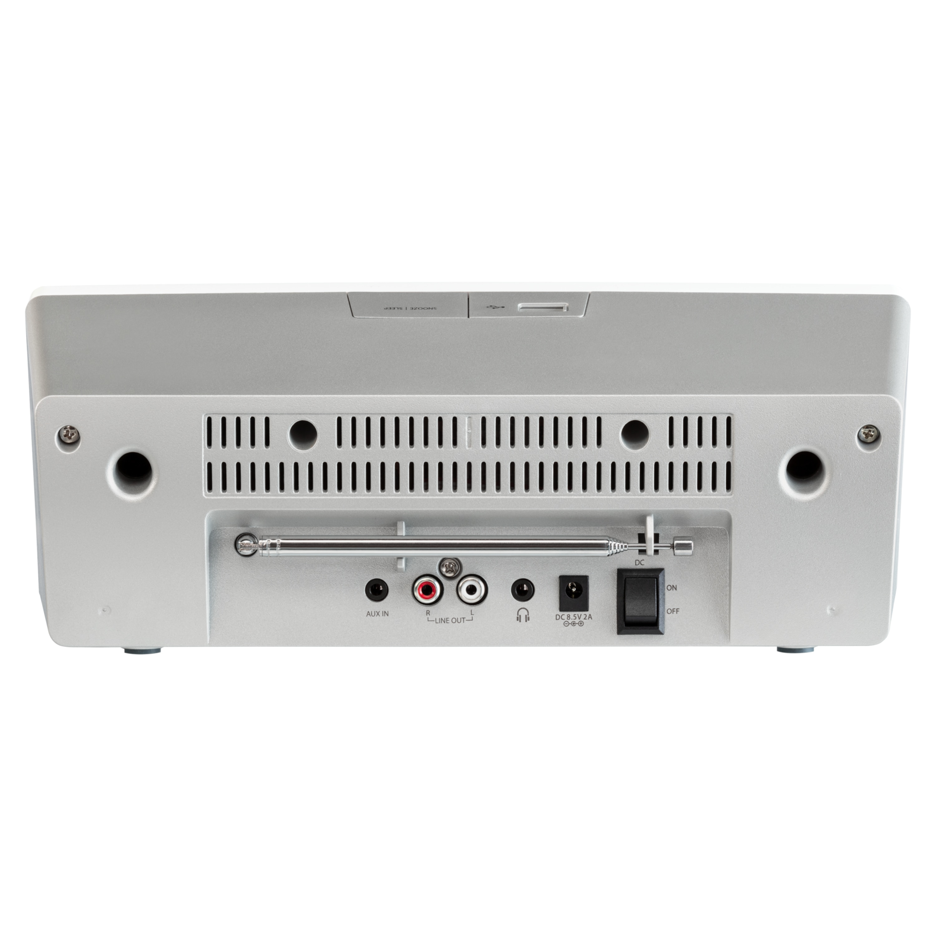 Widok z tyłu srebrnego radia z portami, anteną i przełącznikiem zasilania. Tło jest białe.