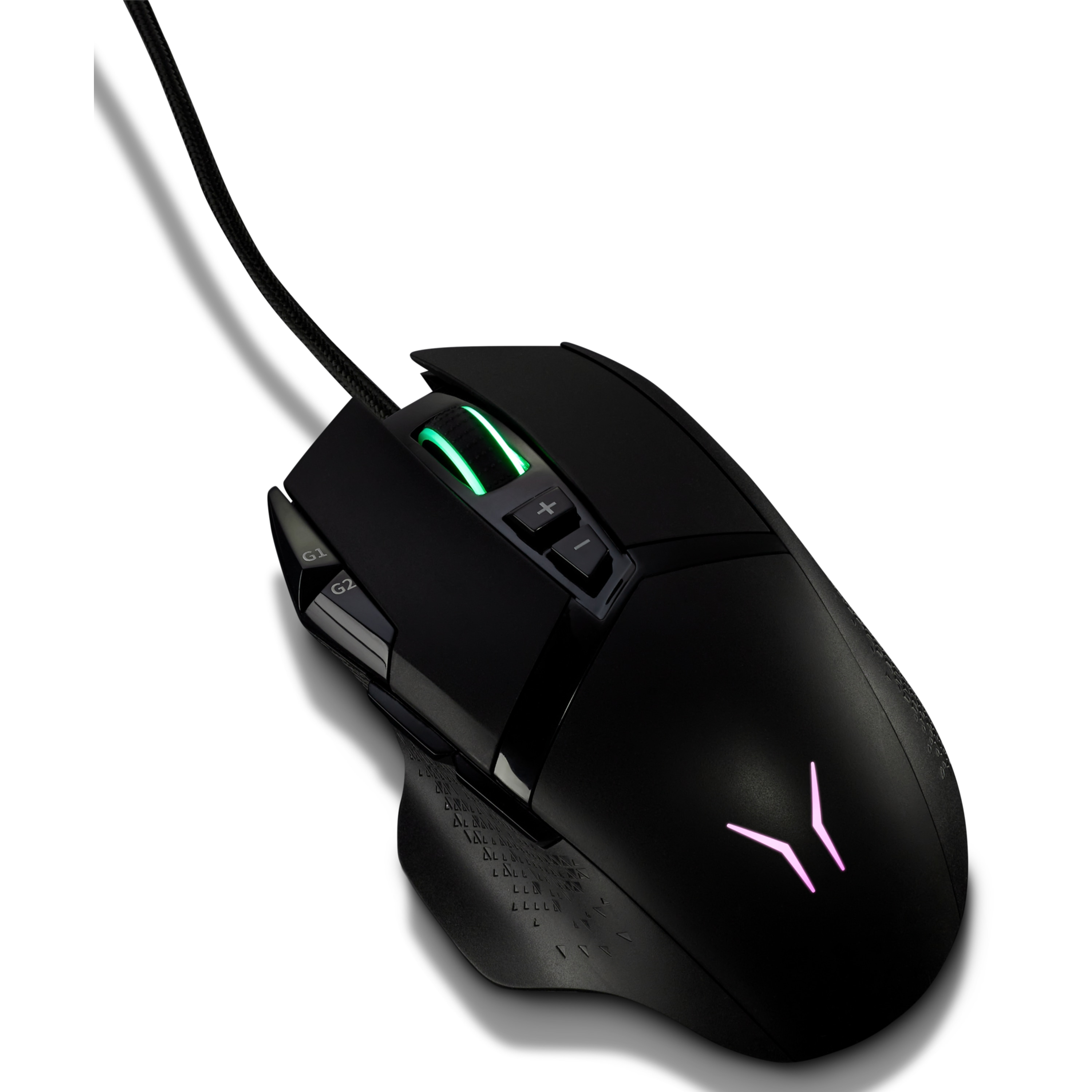 Ratón gaming negro sobre fondo blanco. Tiene botones, rueda de desplazamiento y logo iluminado.