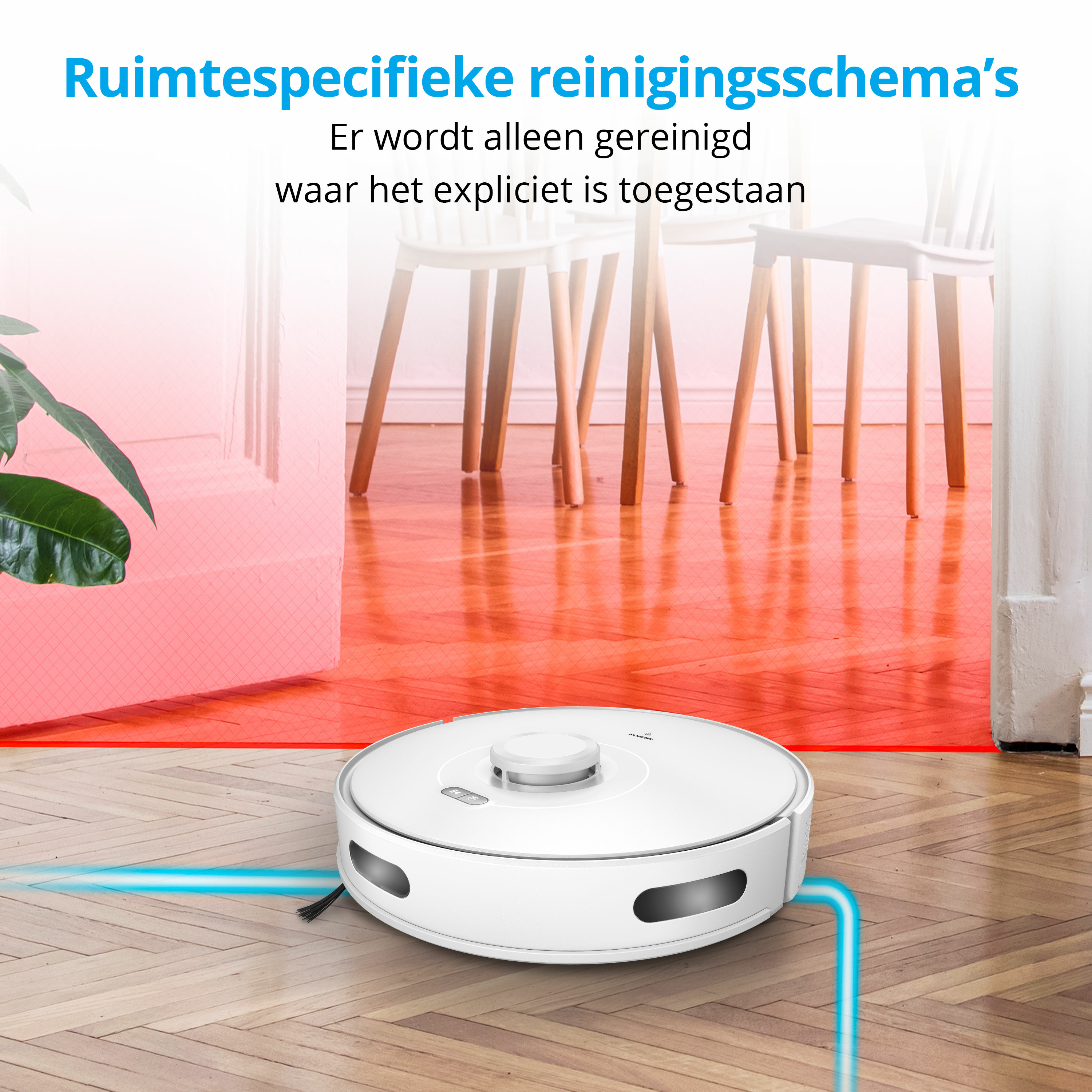 Biały odkurzacz robot na drewnianej podłodze. Tło przedstawia pokój z krzesłami i tekstem.