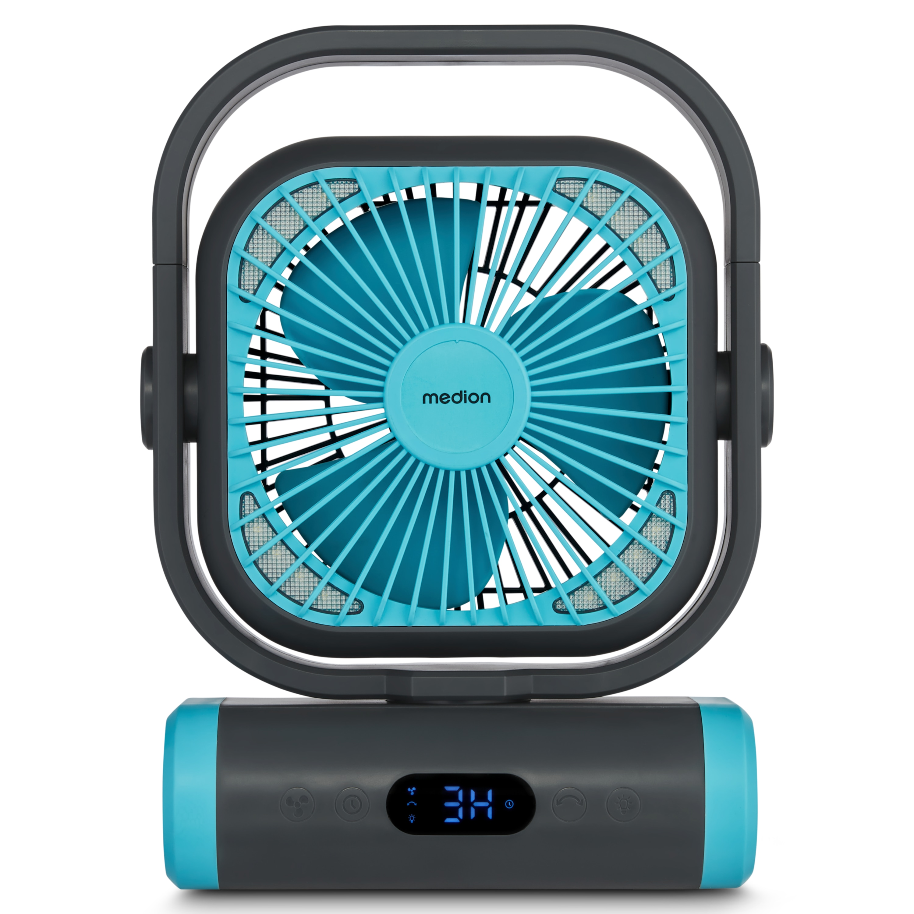 A gray and teal portable fan. It has a digital display and the brand name 'medion' is visible.