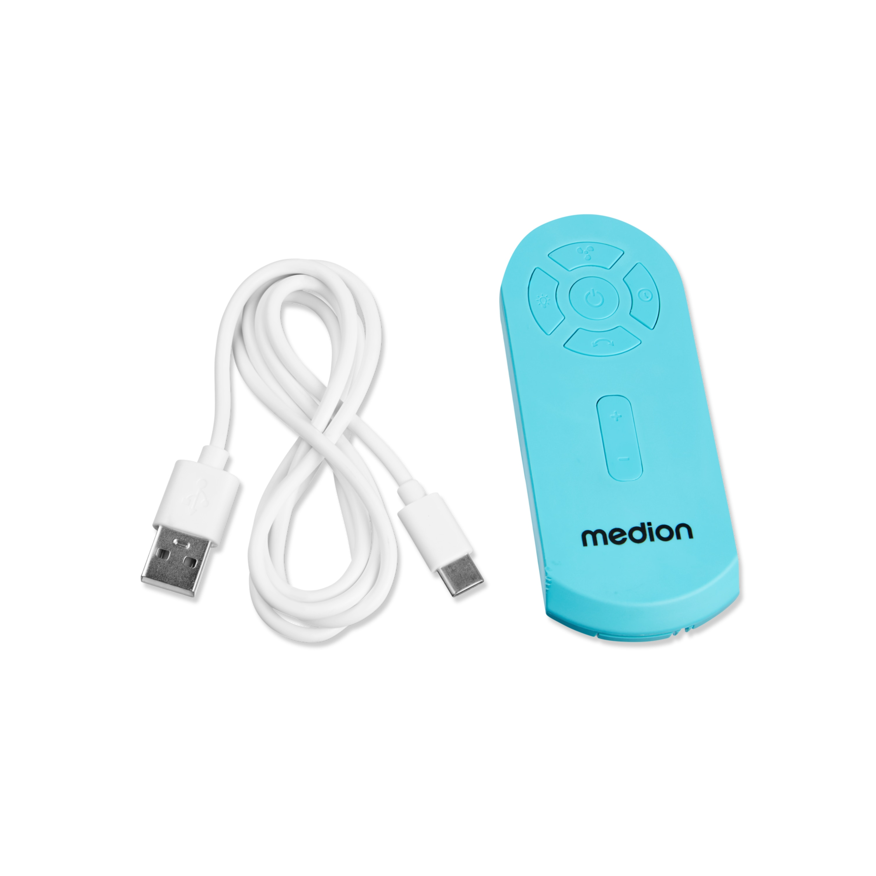 A blue Medion remote control and a white USB cable on a white background.