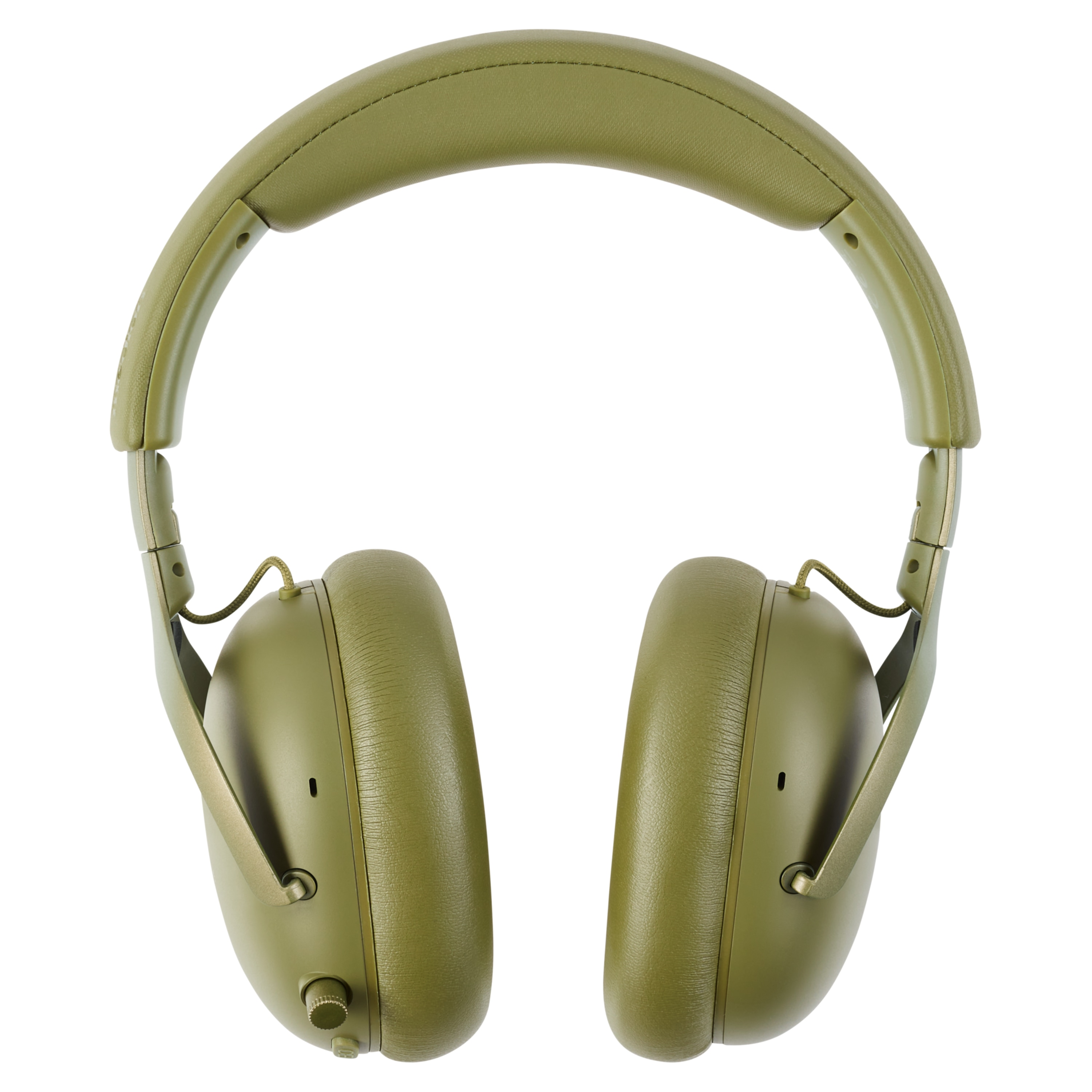 Olive green headphones on white background. The headphones have an arched headband and earcups.