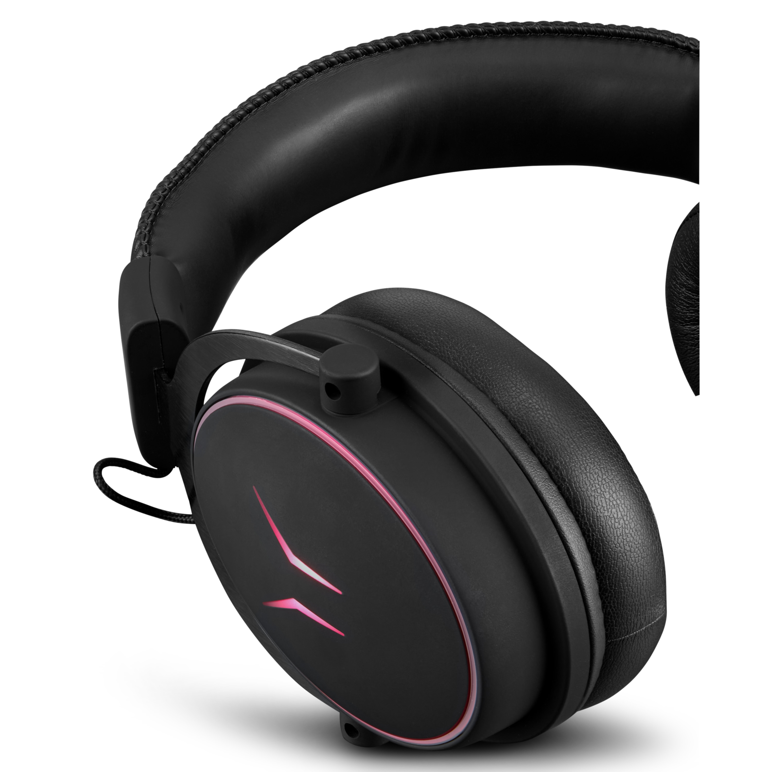 Casque de jeu noir avec logo rose illuminé sur fond blanc.