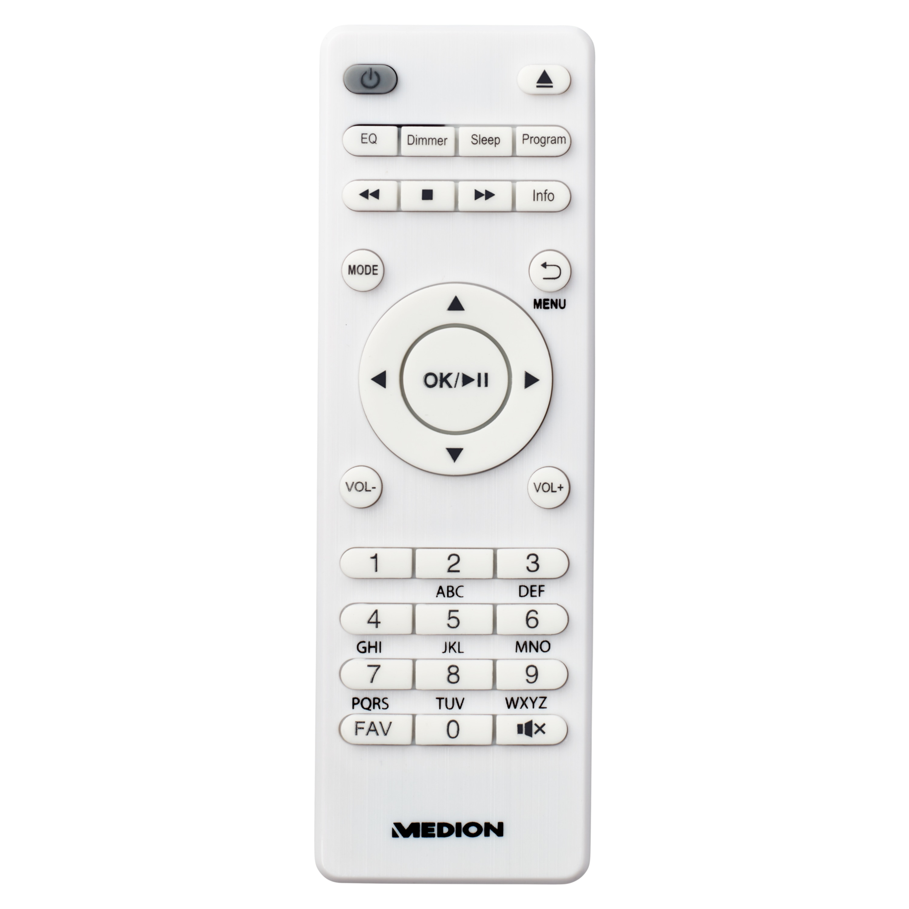 Mando a distancia Medion blanco con botones de encendido, volumen, números y funciones de menú sobre fondo blanco.