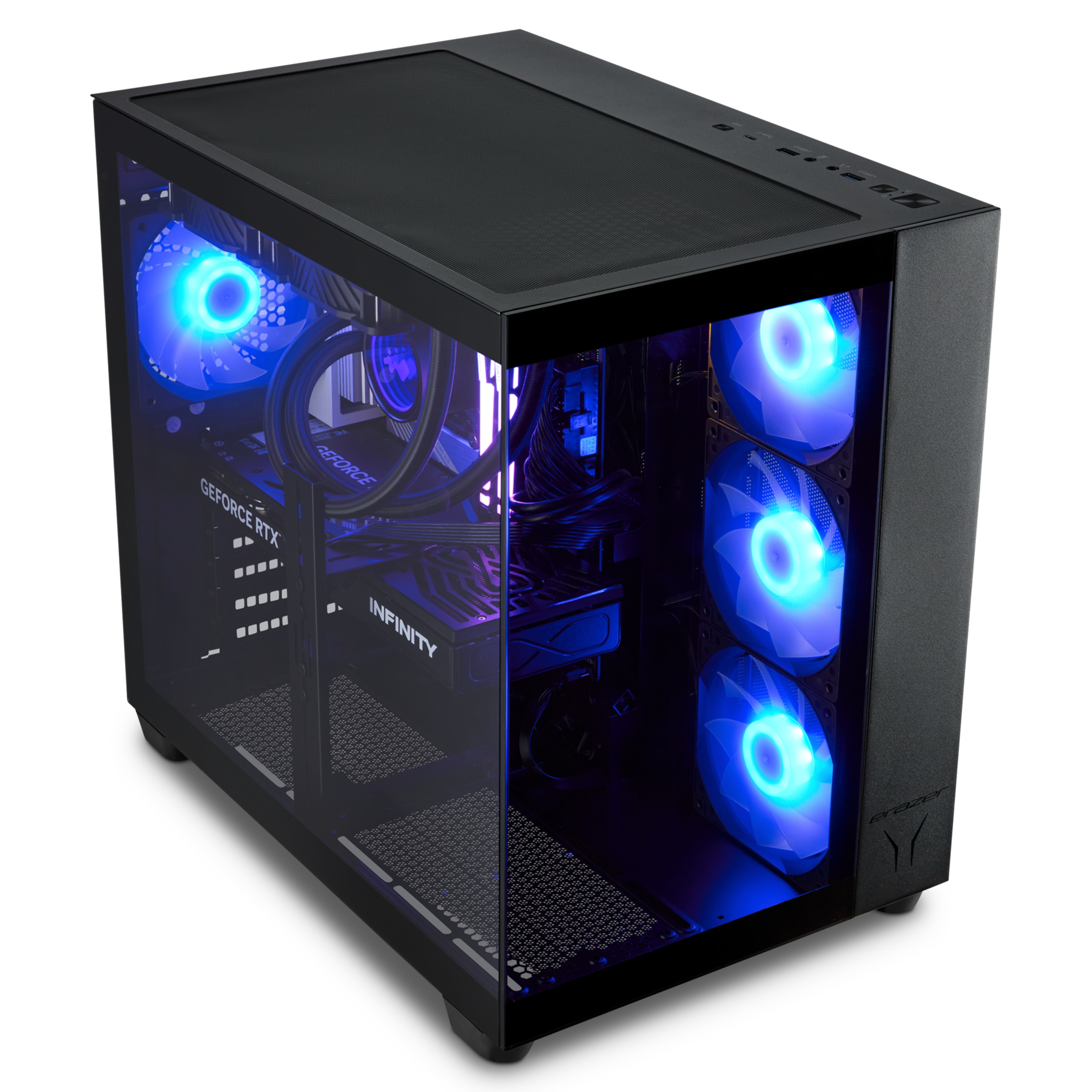 Ein Computergehäuse mit blau leuchtenden Lüftern. Das Gehäuse ist schwarz mit einer Glas-Seitenwand.