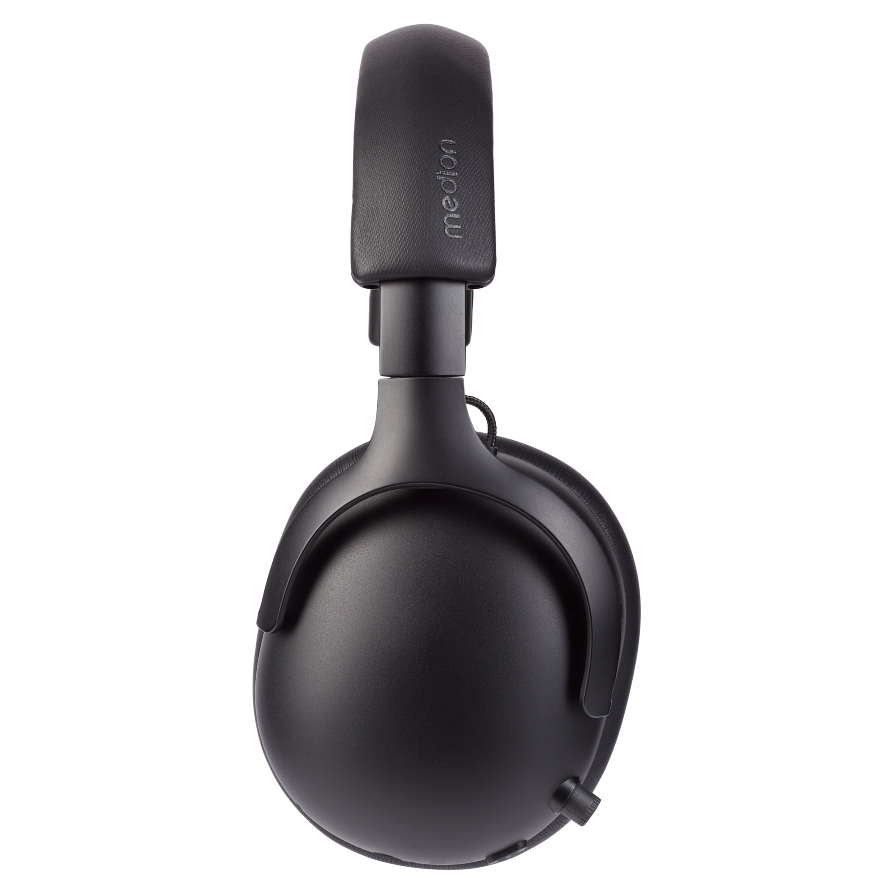 Black Medion headphones on a white background. Visible are the earcups, headband, and Medion logo on the headband.