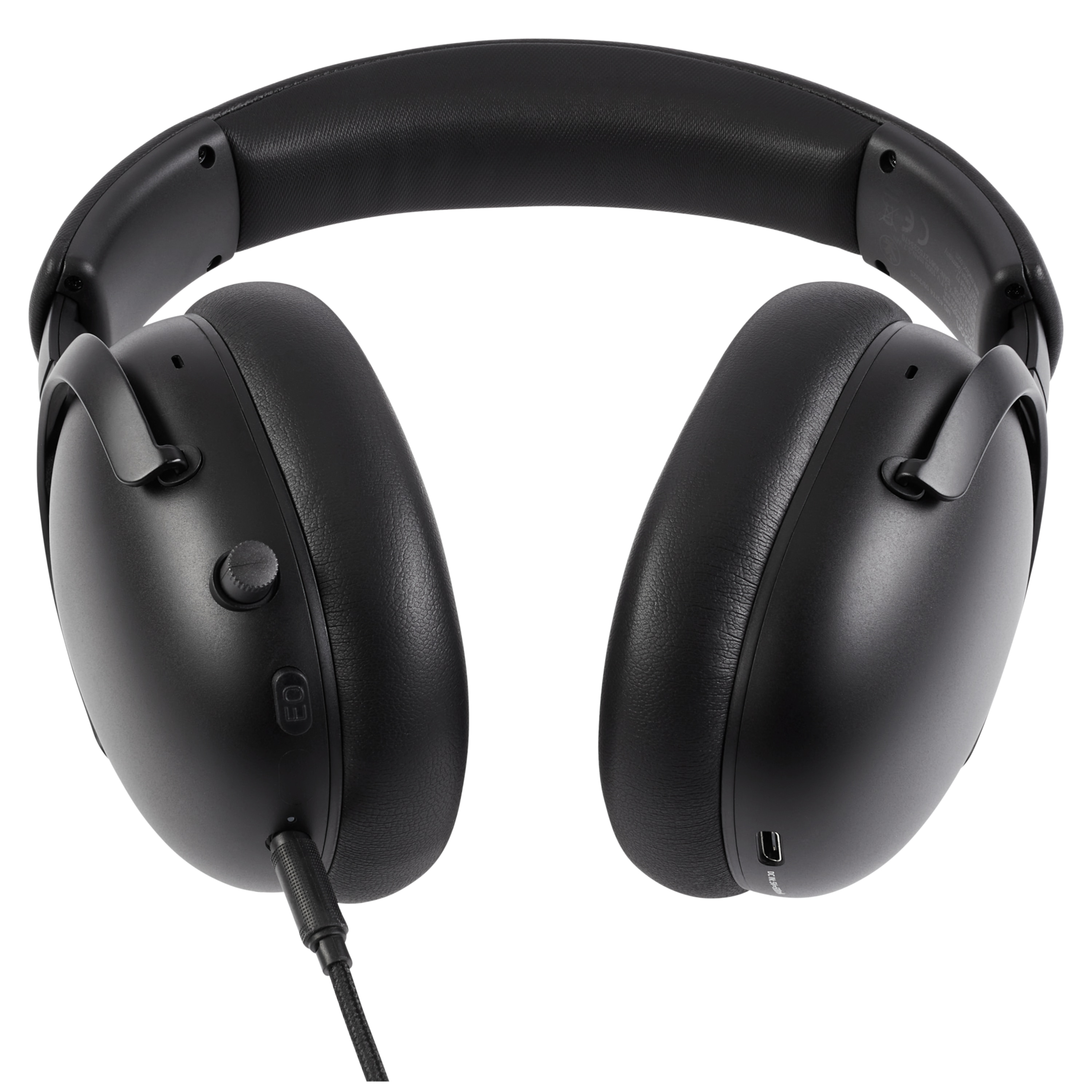 Black headphones on a white background. The headphones have an adjustable headband and large earcups.