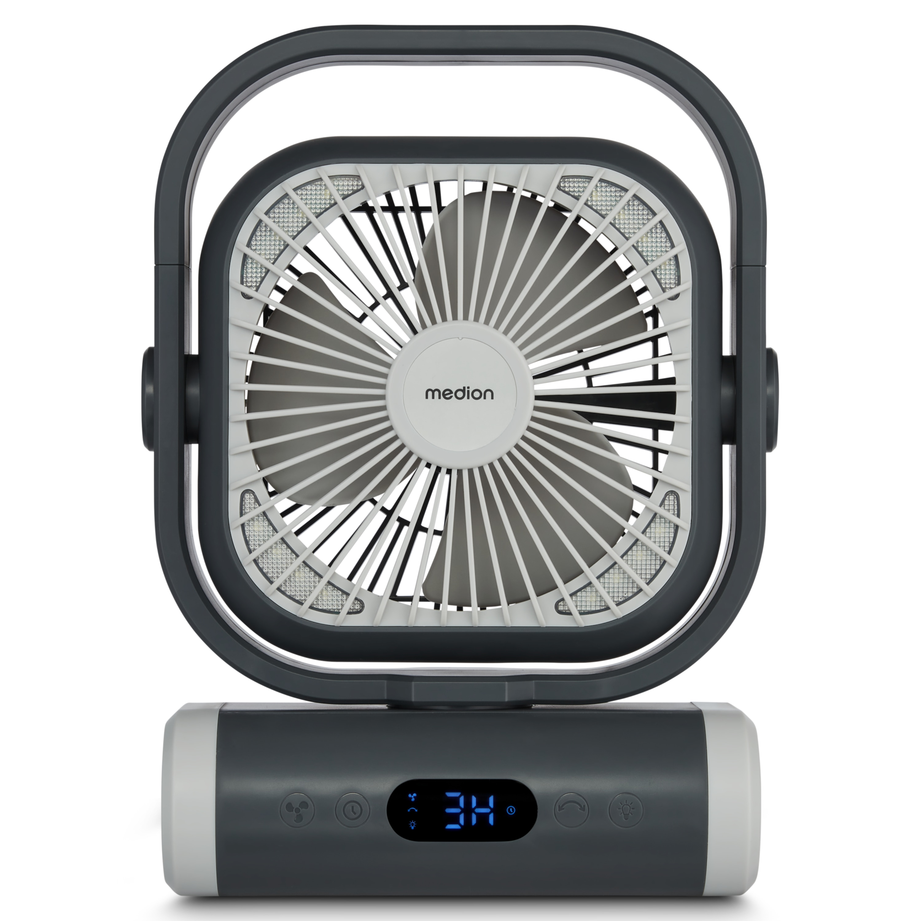 A gray and white Medion fan. It has a square frame and a digital display showing '34'.