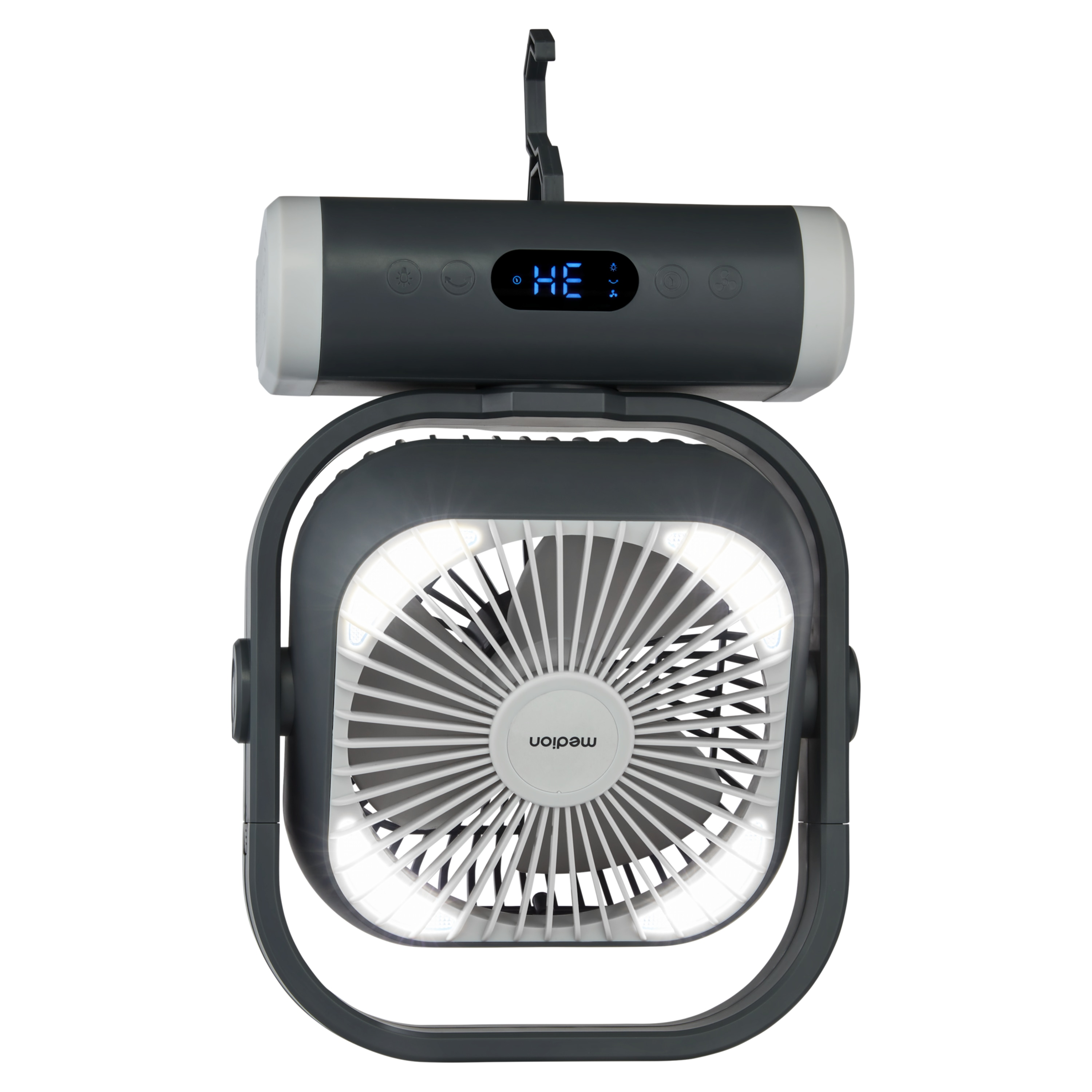 A gray and white Medion fan. It has an LED display, a handle, and a hook. The fan blades are white.