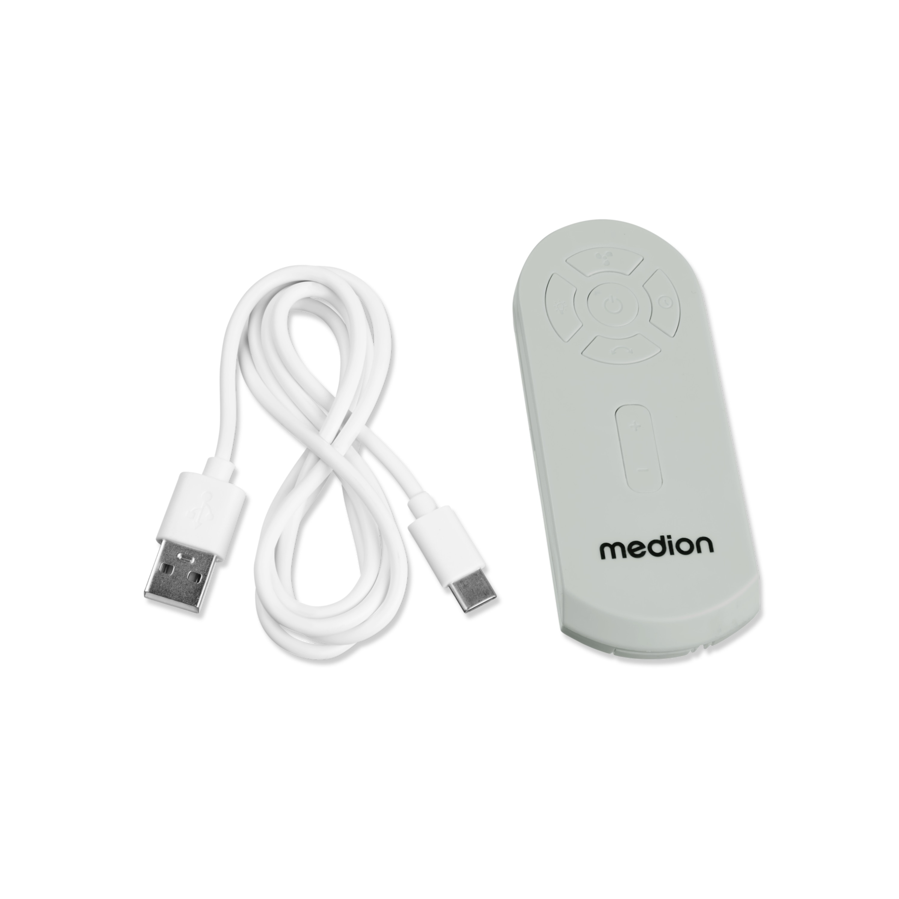 A white remote control with a USB cable on a white background. The remote is gray, and has the brand name 'medion'.