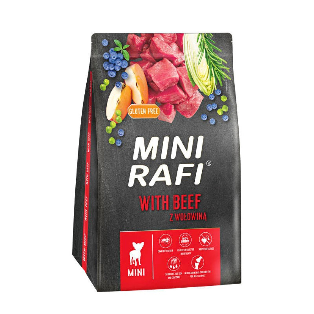 Torba z karmą dla psów z wołowiną, owocami i warzywami na wierzchu. Na torbie napisano 'Mini Rafi with Beef' i 'Gluten Free'.