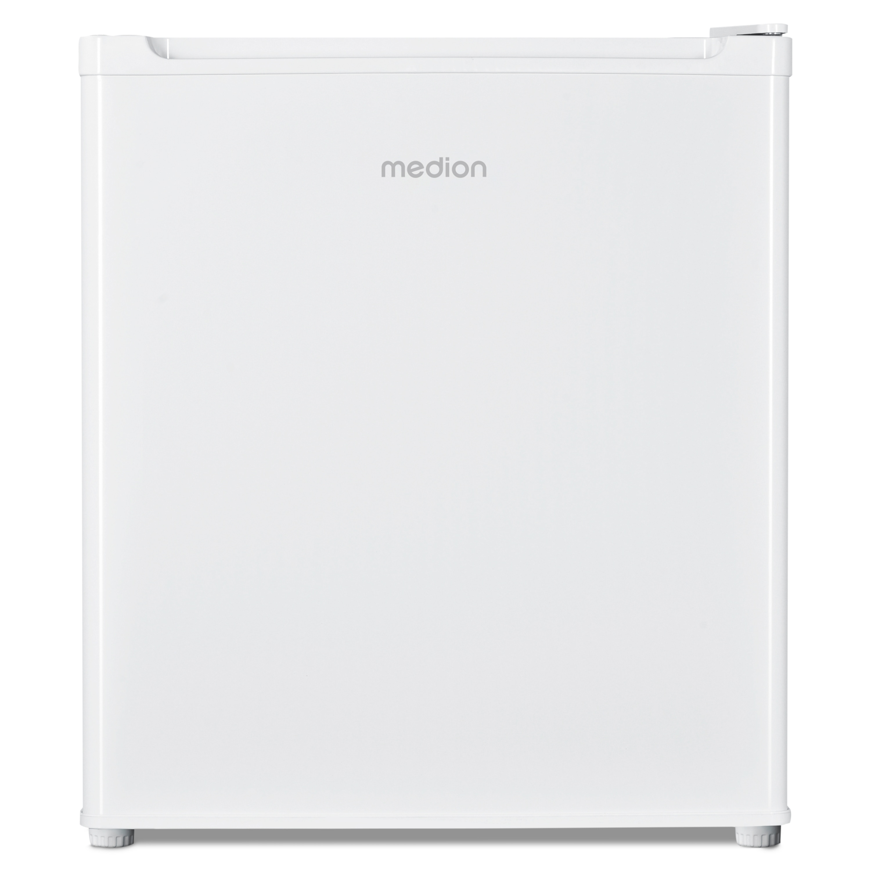 Een witte Medion mini-koelkast. Hij heeft een handvat bovenop en de merknaam vooraan.